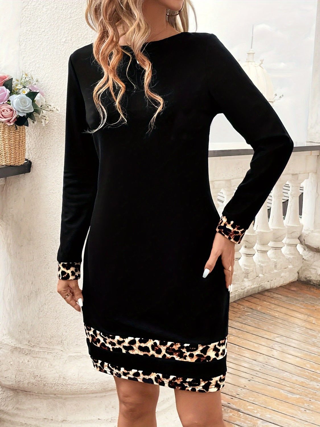 Blue Zone Planet | Leopard Trim Round Neck Long Sleeve Mini Dress-TOPS / DRESSES-[Adult]-[Female]-2022 Online Blue Zone Planet