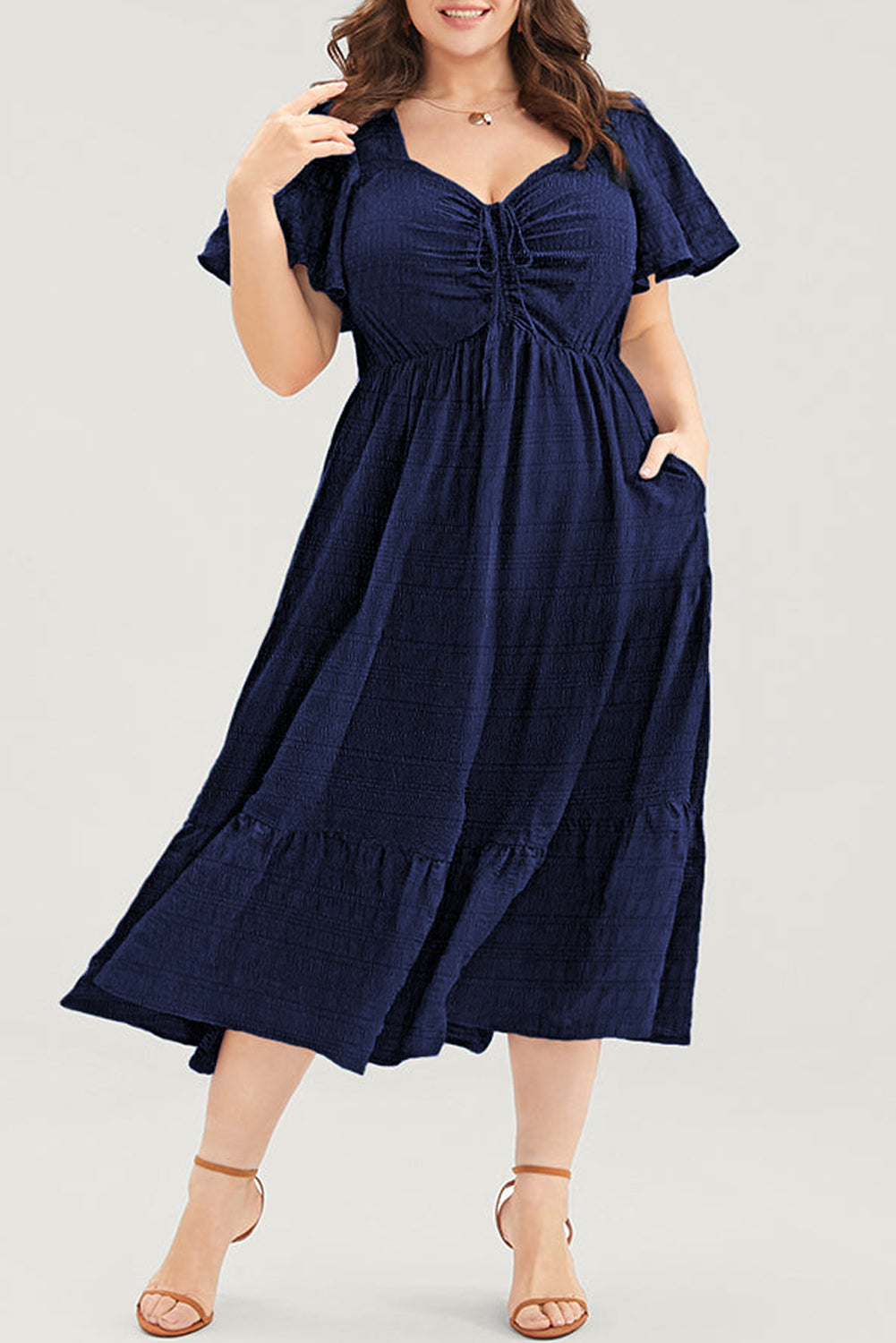 Blue Plus Size Short Sleeve Lace-up High Waist Midi Dress-Plus Size Midi Dresses-[Adult]-[Female]-2022 Online Blue Zone Planet