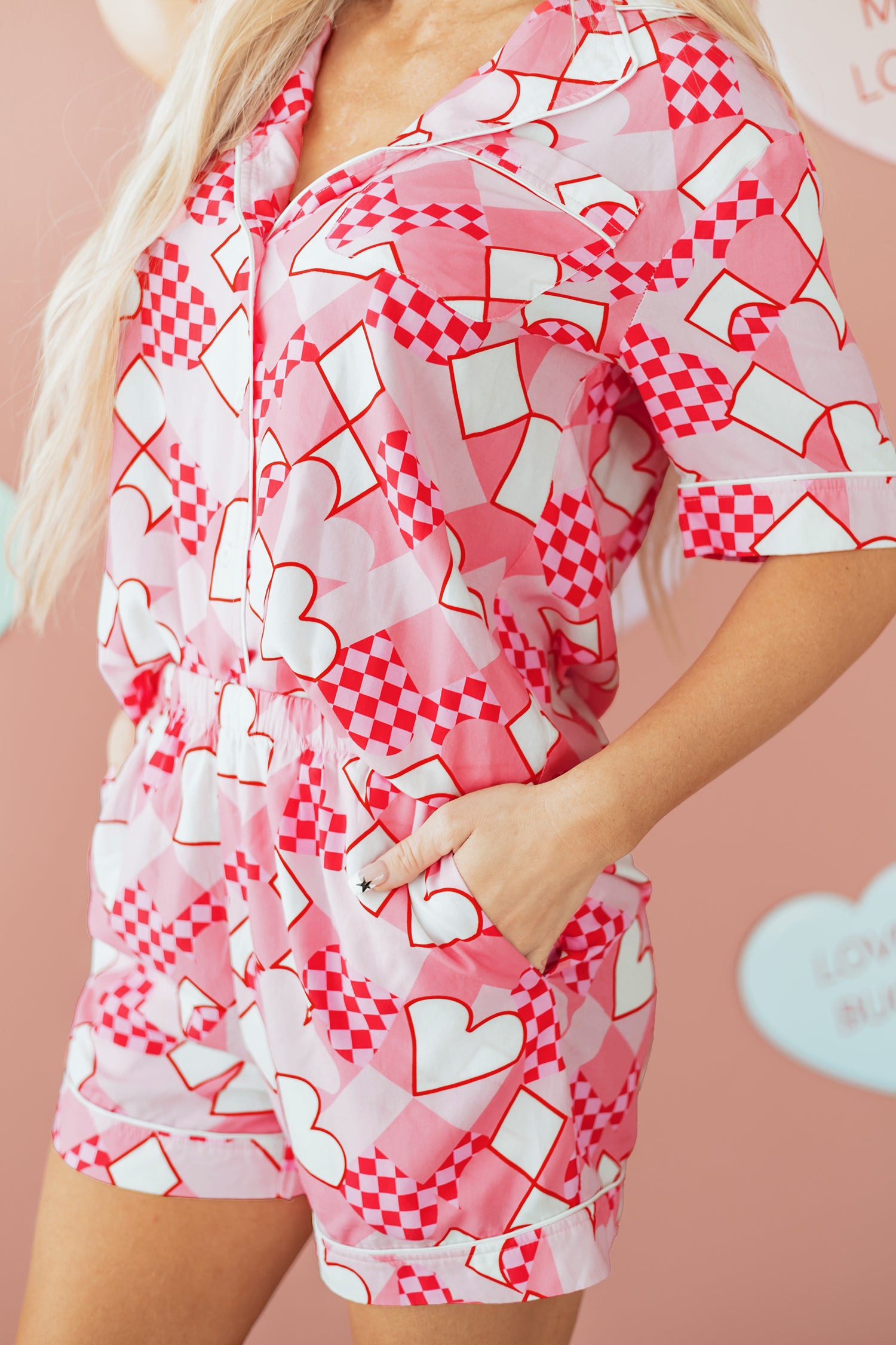 Pink Heart Print Shirt Style Silky Short Pajama Set-Loungewear & Sleepwear/Sleepwear-[Adult]-[Female]-2022 Online Blue Zone Planet