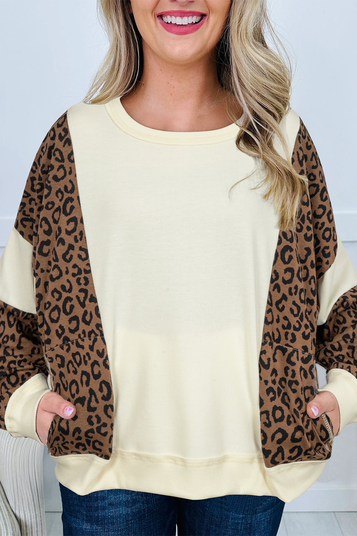 Beige Raw Seam Color Block Leopard Patchwork Baggy Long Sleeve Top-Tops/Long Sleeve Tops-[Adult]-[Female]-Beige-S-2022 Online Blue Zone Planet