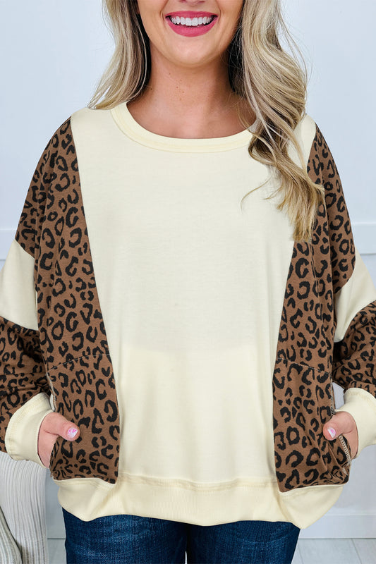 Beige Raw Seam Color Block Leopard Patchwork Baggy Long Sleeve Top-Tops/Long Sleeve Tops-[Adult]-[Female]-Beige-S-2022 Online Blue Zone Planet