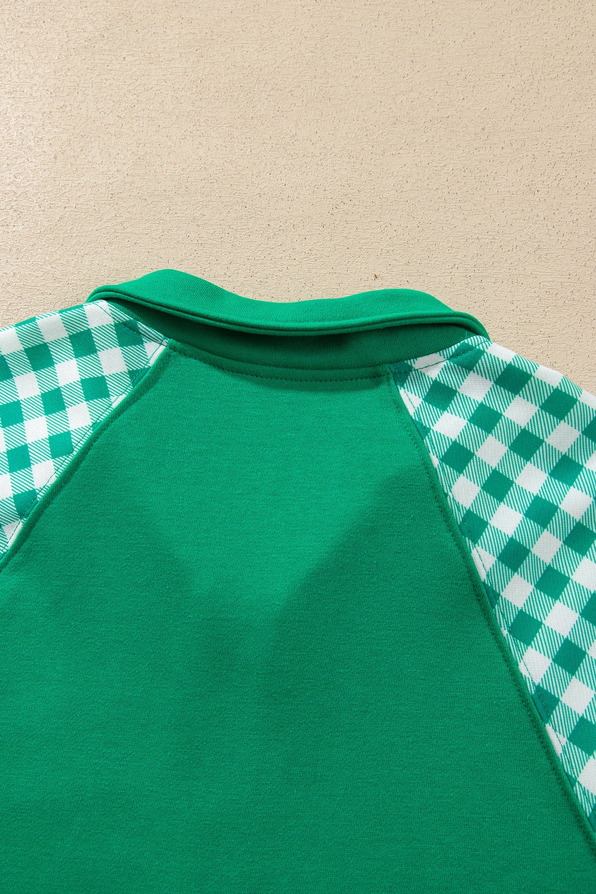 Bright Green Plaid Patchwork Half Zip Pullover Drawstring Short Set