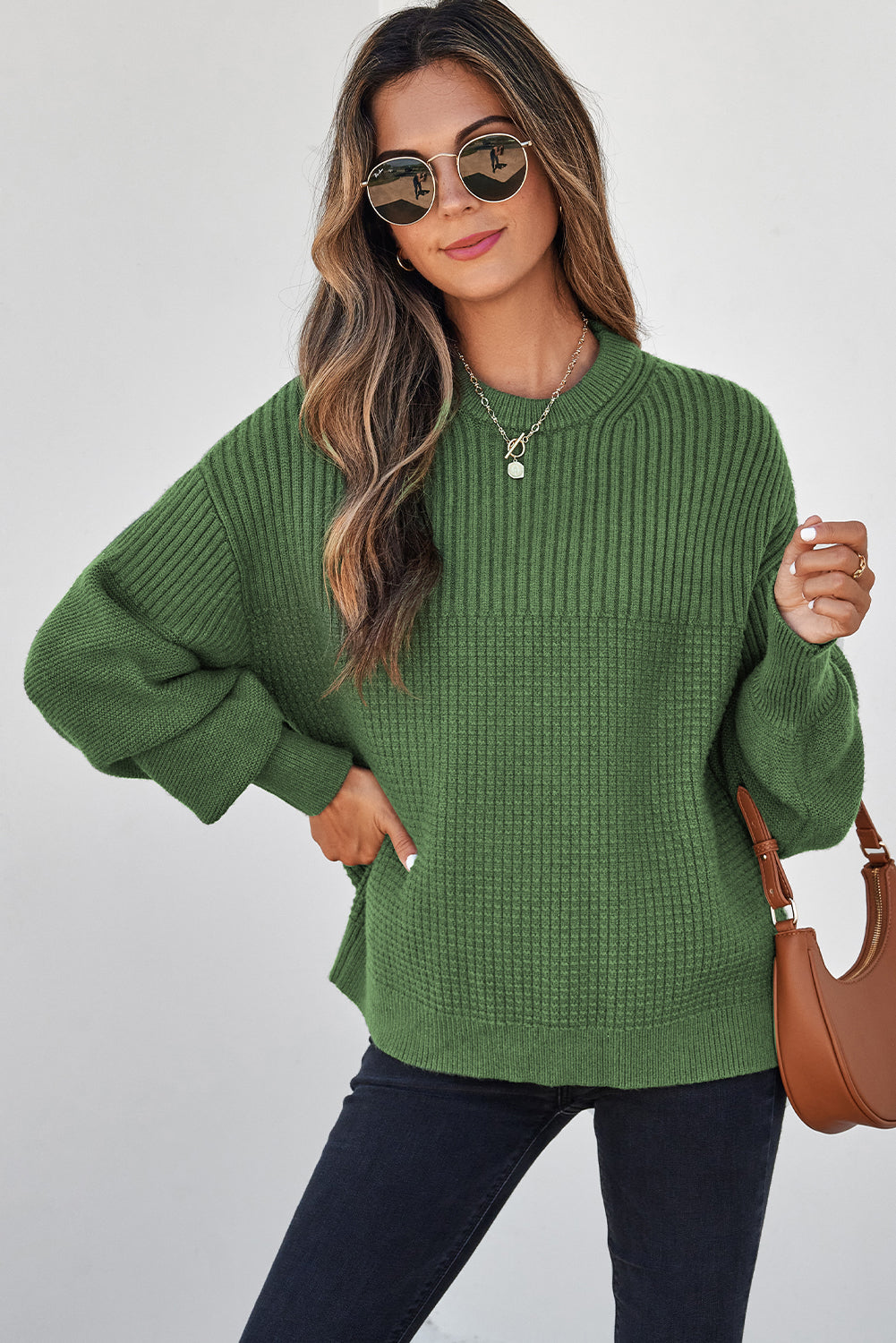 Vineyard Green Solid Color Mixed Textured Knitted Crew Neck Sweater-Sweaters & Cardigans/Sweaters-[Adult]-[Female]-2022 Online Blue Zone Planet