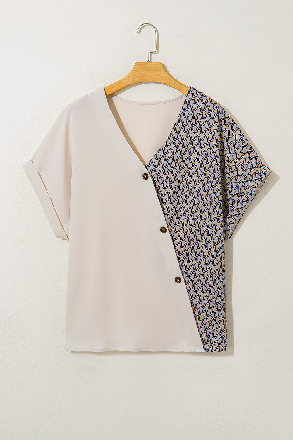 Oatmeal Contrast Geometric Print Patchwork V Neck Short Sleeve Plus Size Top-Plus Size/Plus Size Tops/Plus Size Blouses & Shirts-[Adult]-[Female]-2022 Online Blue Zone Planet