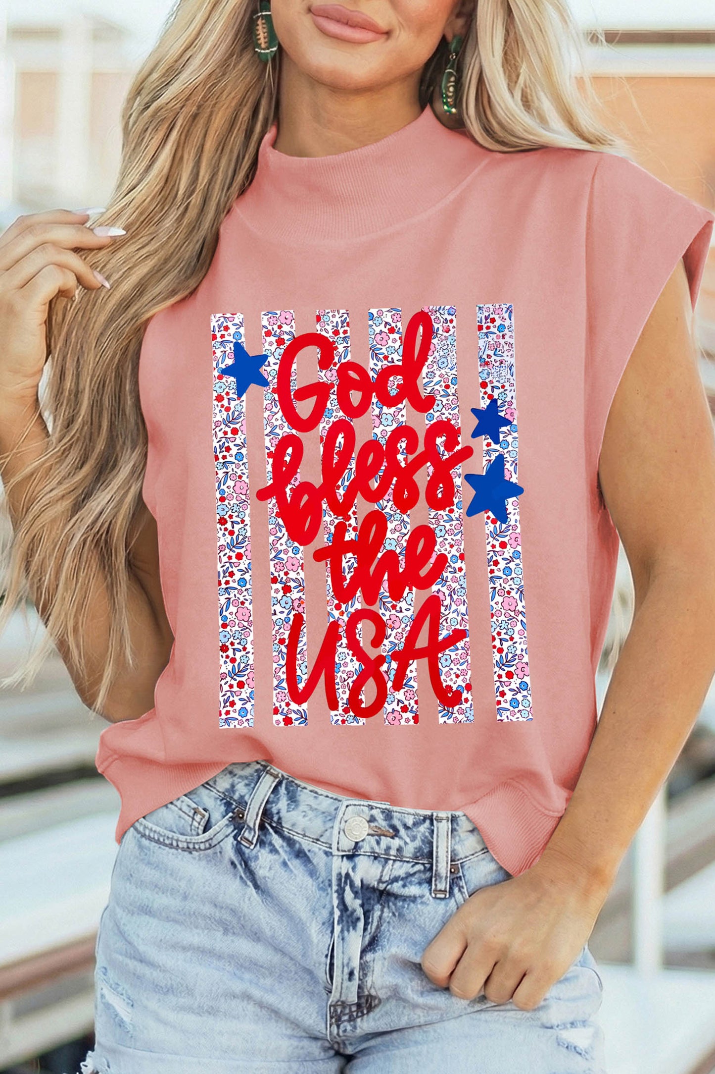 Pink God Bless The Usa Floral American Flag Print High Neck Short Sleeve Top
