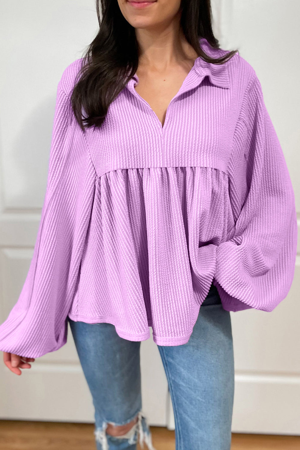 Texture Collared Neck Long Sleeve Blouse-TOPS / DRESSES-[Adult]-[Female]-Lavender-S-2022 Online Blue Zone Planet