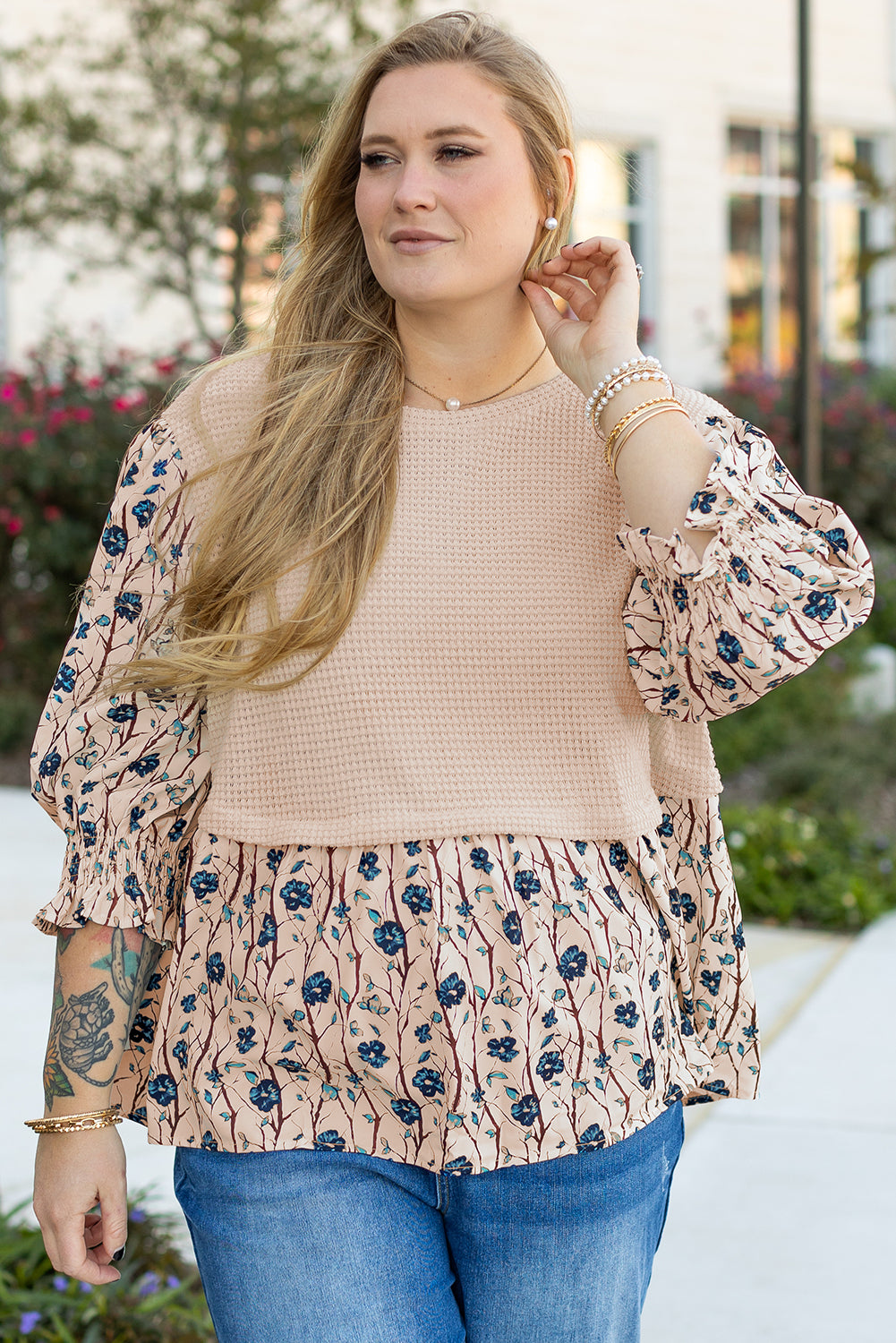 Blue Zone Planet | Beige Faux Two Piece Knit Patchwork Floral Print Plus Size Top-Plus Size/Plus Size Tops/Plus Size Blouses & Shirts-[Adult]-[Female]-Beige-1X-2022 Online Blue Zone Planet