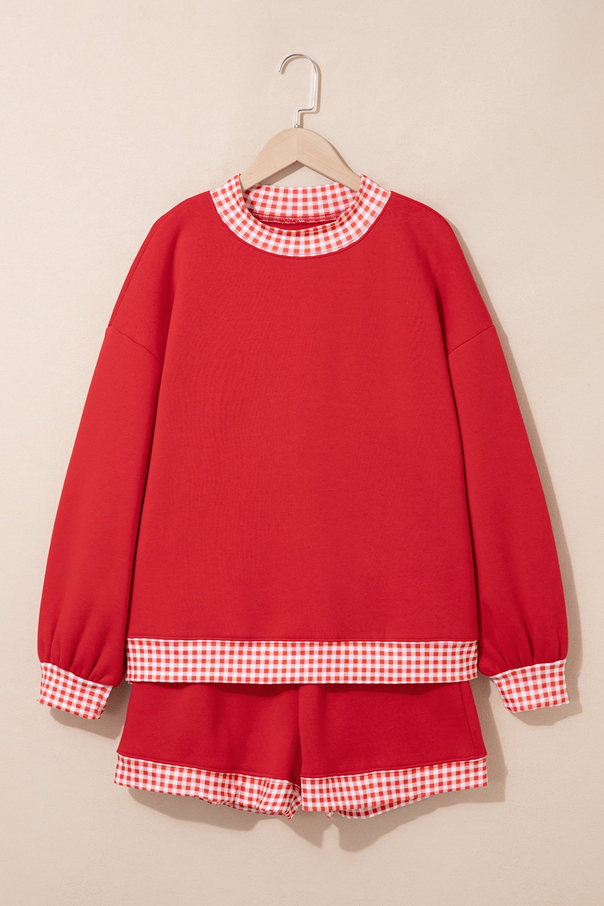 Fiery Red Gingham Trim Baggy Pullover 2pcs Short Set-Two Piece Sets/Short Sets-[Adult]-[Female]-2022 Online Blue Zone Planet