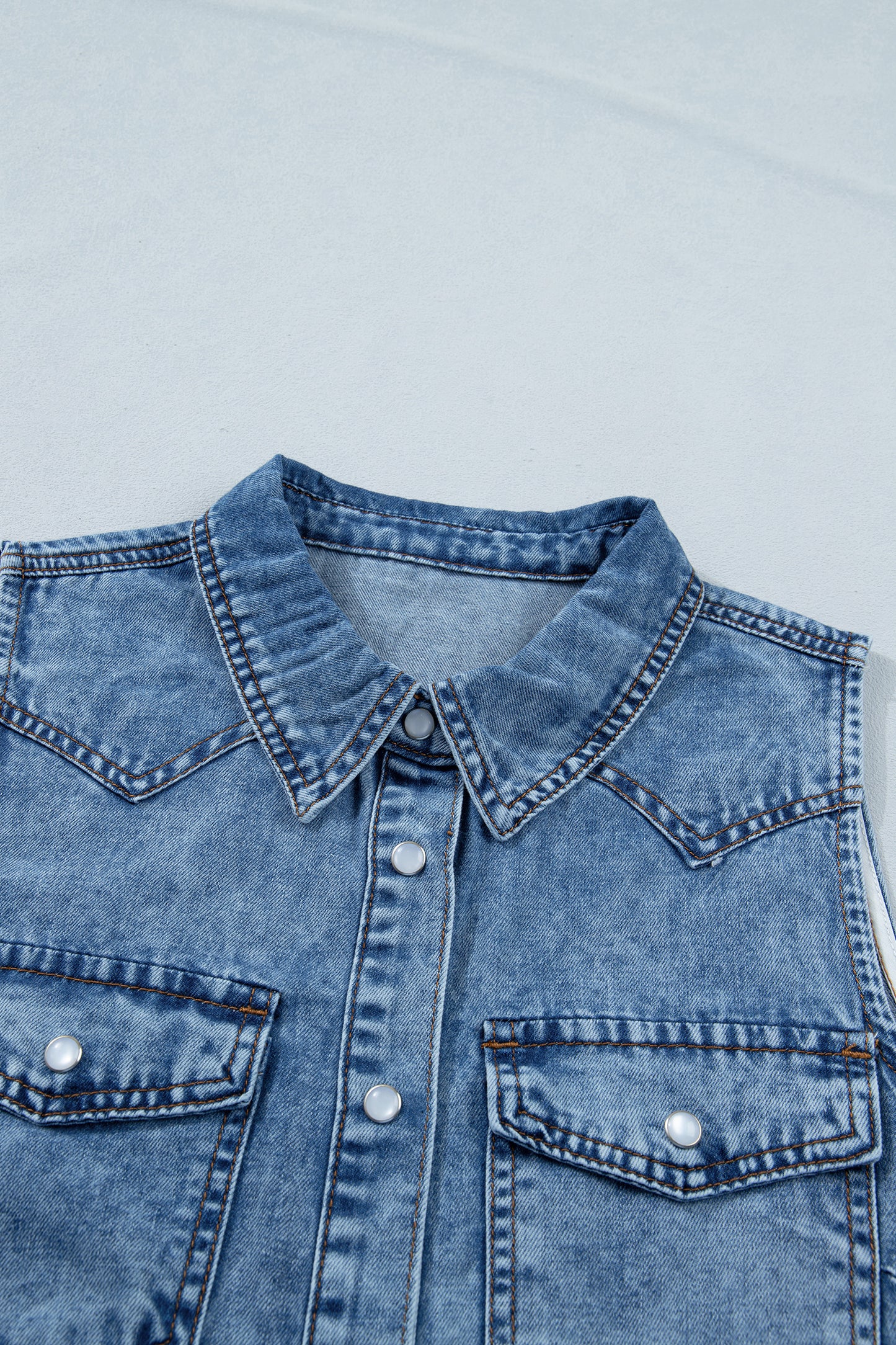 Dusk Blue Buttoned Front Collared Sleeveless Denim Vest-Tops/Tank Tops-[Adult]-[Female]-2022 Online Blue Zone Planet