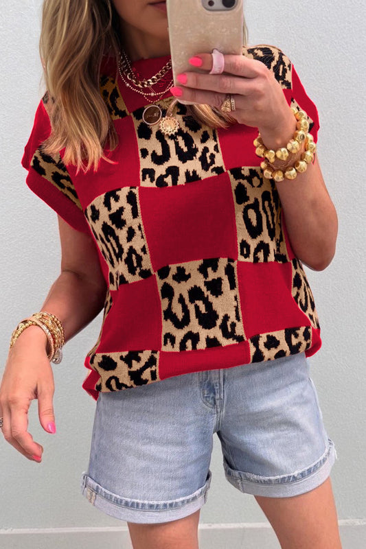 Red Leopard Checkerboard Short Sleeve Knit Sweater-TOPS / DRESSES-[Adult]-[Female]-Red-S-2022 Online Blue Zone Planet