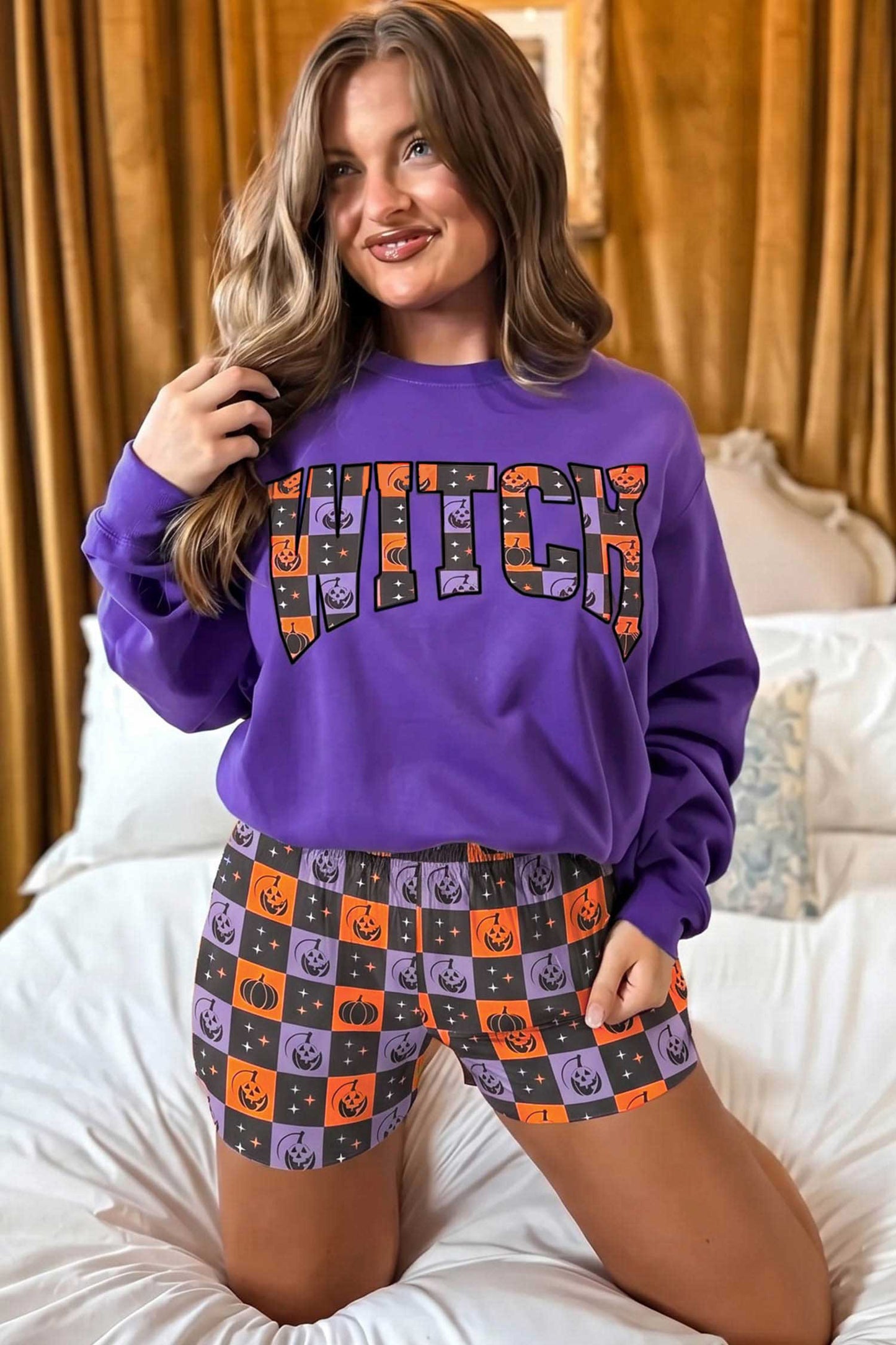 Orange Witch Letter Print Long Sleeve Top Checkered Elastic Waist Shorts Set-Two Piece Sets/Short Sets-[Adult]-[Female]-2022 Online Blue Zone Planet