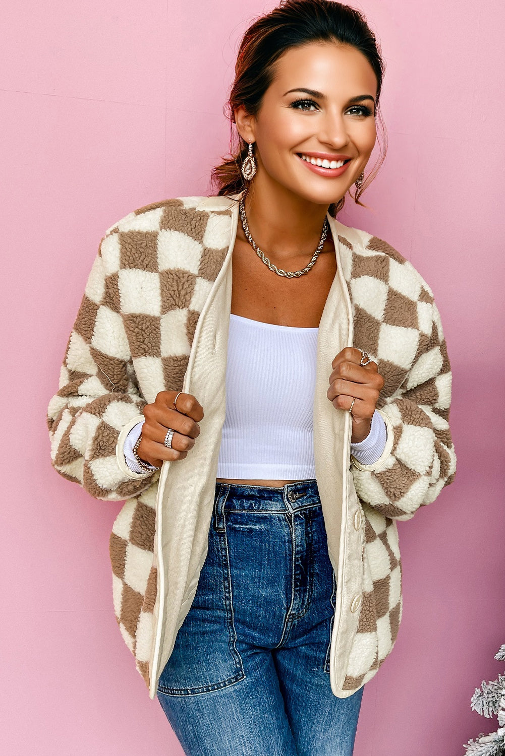 Brown Checkered Sherpa Buttoned Front Chunky Jacket-Outerwear/Jackets-[Adult]-[Female]-2022 Online Blue Zone Planet