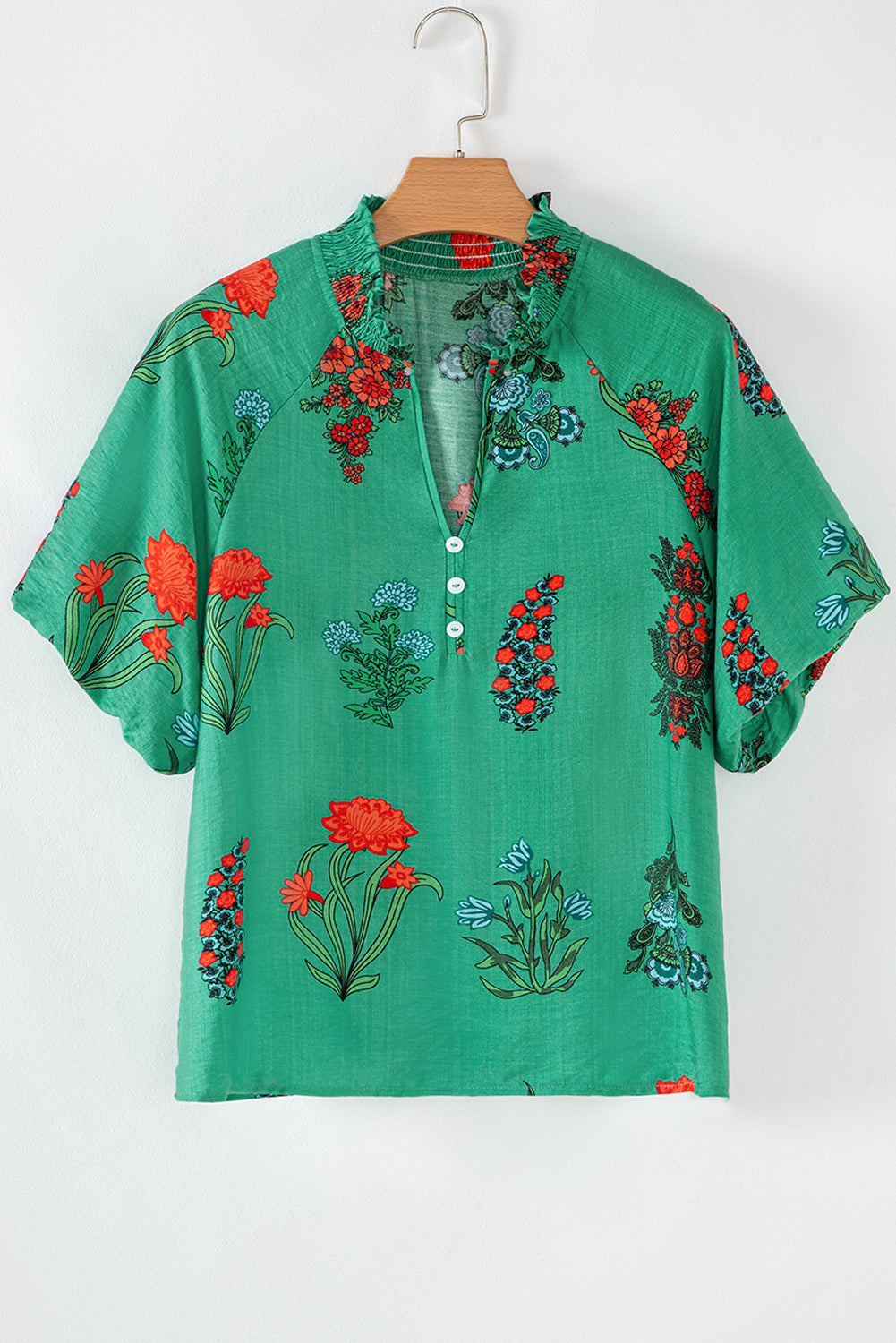 Bright Green Floral Print Buttoned V Neck Short Sleeve Blouse-Tops/Blouses & Shirts-[Adult]-[Female]-2022 Online Blue Zone Planet