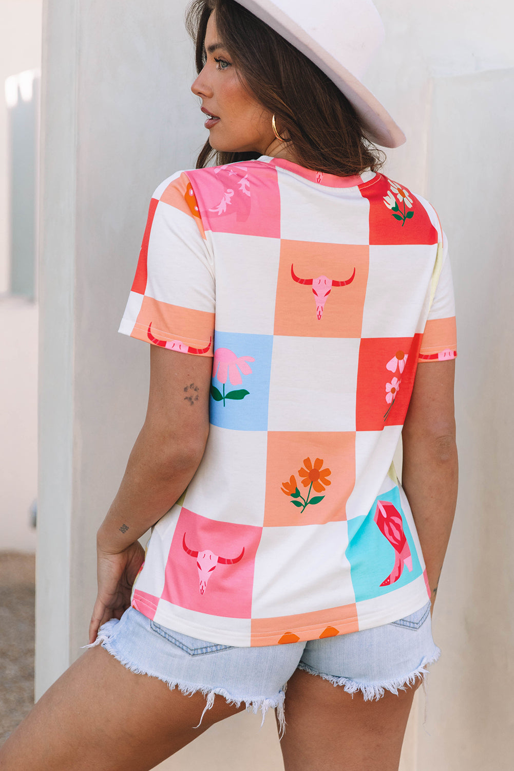 Orange Western Fashion Checker Print Crewneck T Shirt-Tops/Tops & Tees-[Adult]-[Female]-2022 Online Blue Zone Planet