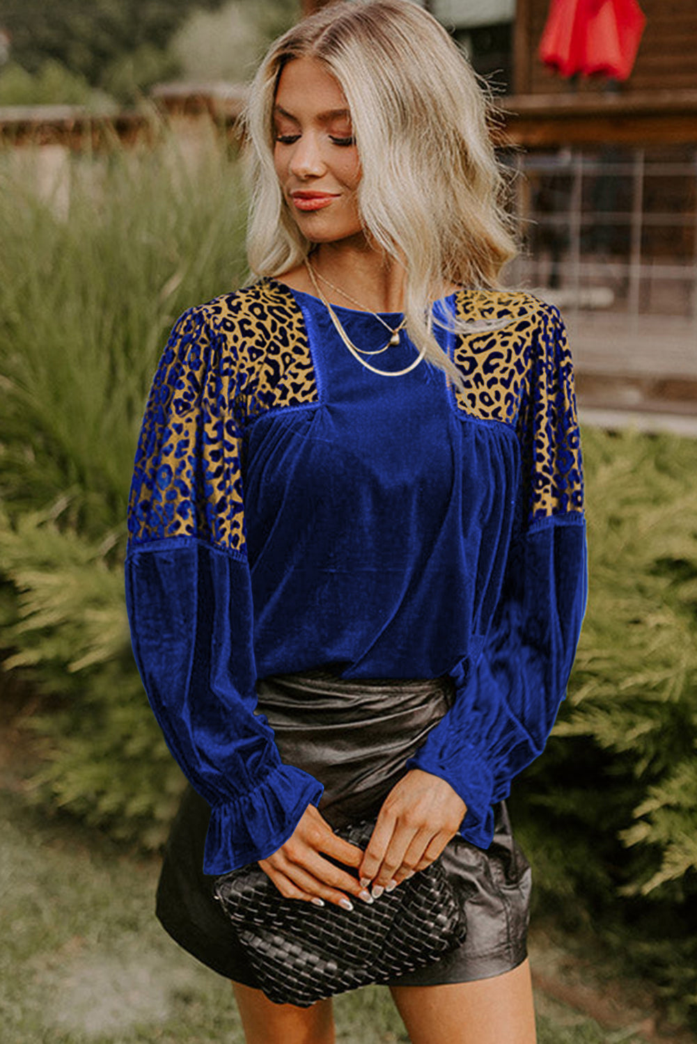 Sky Blue Leopard Patchwork Shoulder Flounce Sleeve Velvet Blouse-Tops/Blouses & Shirts-[Adult]-[Female]-2022 Online Blue Zone Planet