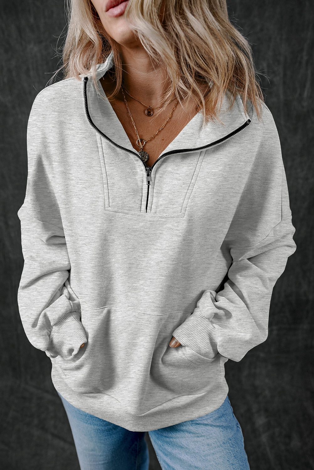 Light Grey Zip-up Stand Neck Kangaroo Pocket Sweatshirt-Tops/Sweatshirts & Hoodies-[Adult]-[Female]-Light Grey-S-2022 Online Blue Zone Planet