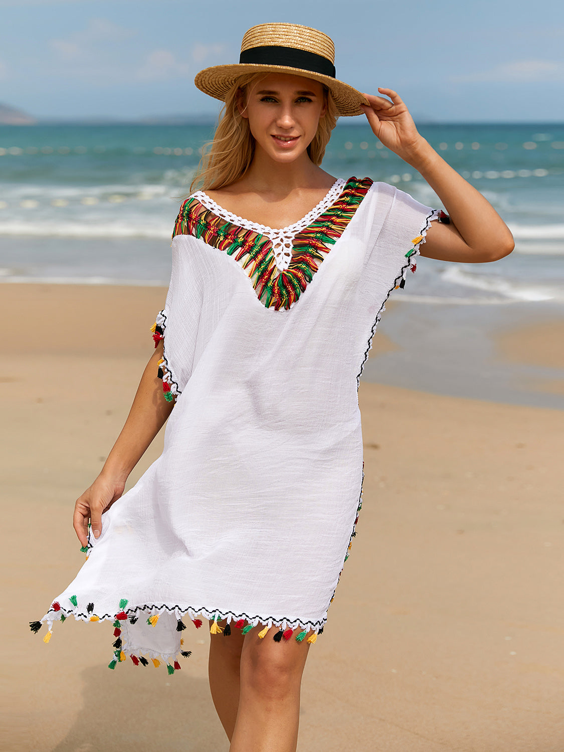 Tassel V-Neck Short Sleeve Cover Up-TOPS / DRESSES-[Adult]-[Female]-White-One Size-2022 Online Blue Zone Planet