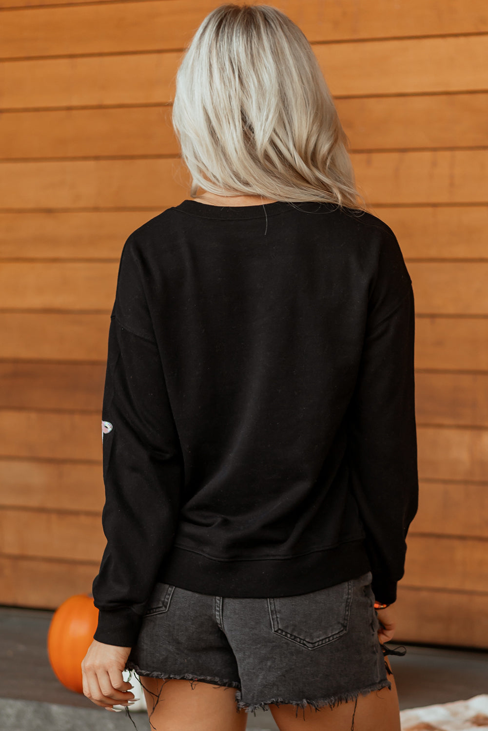 Black Sequin Cute Bow Ghost Graphic Crew Neck Halloween Sweatshirt-Graphic/Graphic Sweatshirts-[Adult]-[Female]-2022 Online Blue Zone Planet