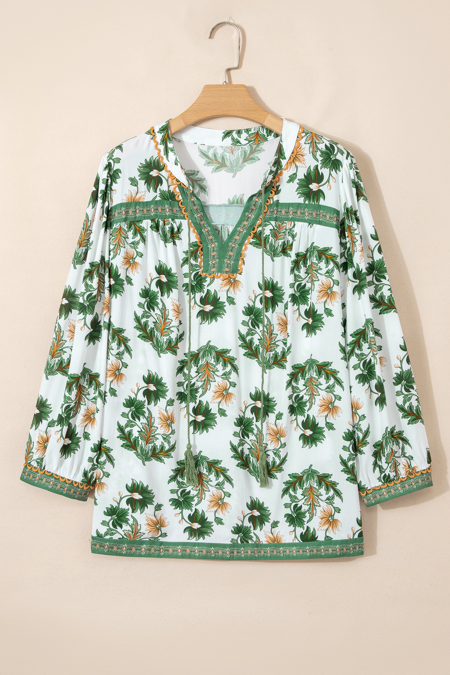Green Plus Size Floral Printed Contrast Patchwork Detail Tassel Tie 3/4 Sleeve Blouse-Plus Size/Plus Size Tops/Plus Size Blouses & Shirts-[Adult]-[Female]-2022 Online Blue Zone Planet