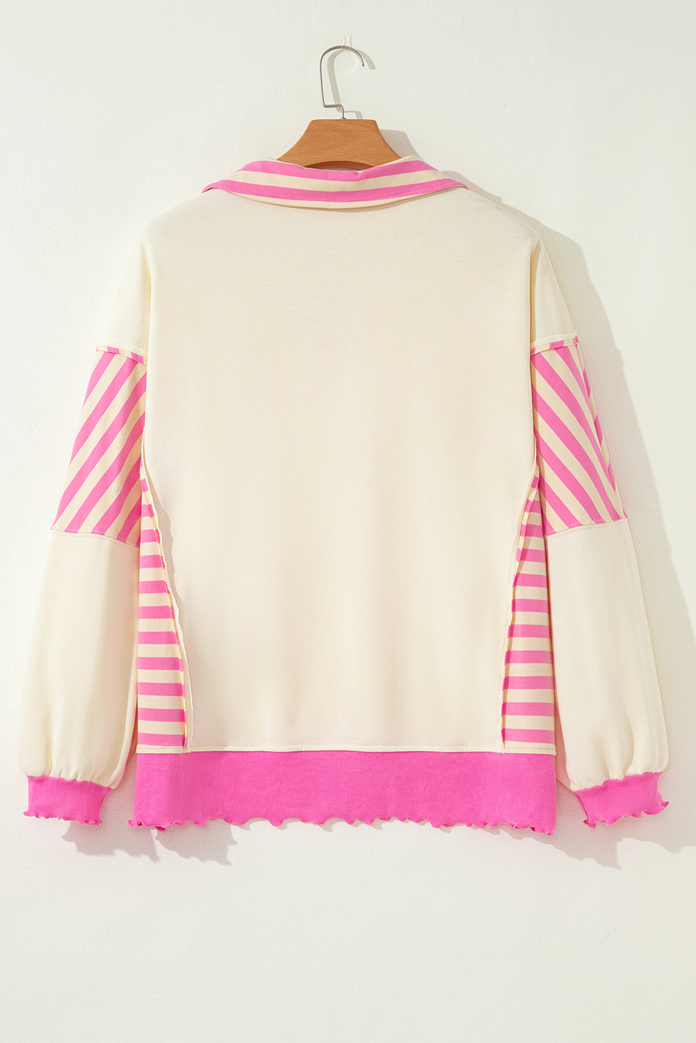 Pink Stripe Contrast Polo Collar Drop Shoulder Patchwork Plus Size Pullover-Plus Size/Plus Size Sweatshirts & Hoodies-[Adult]-[Female]-2022 Online Blue Zone Planet