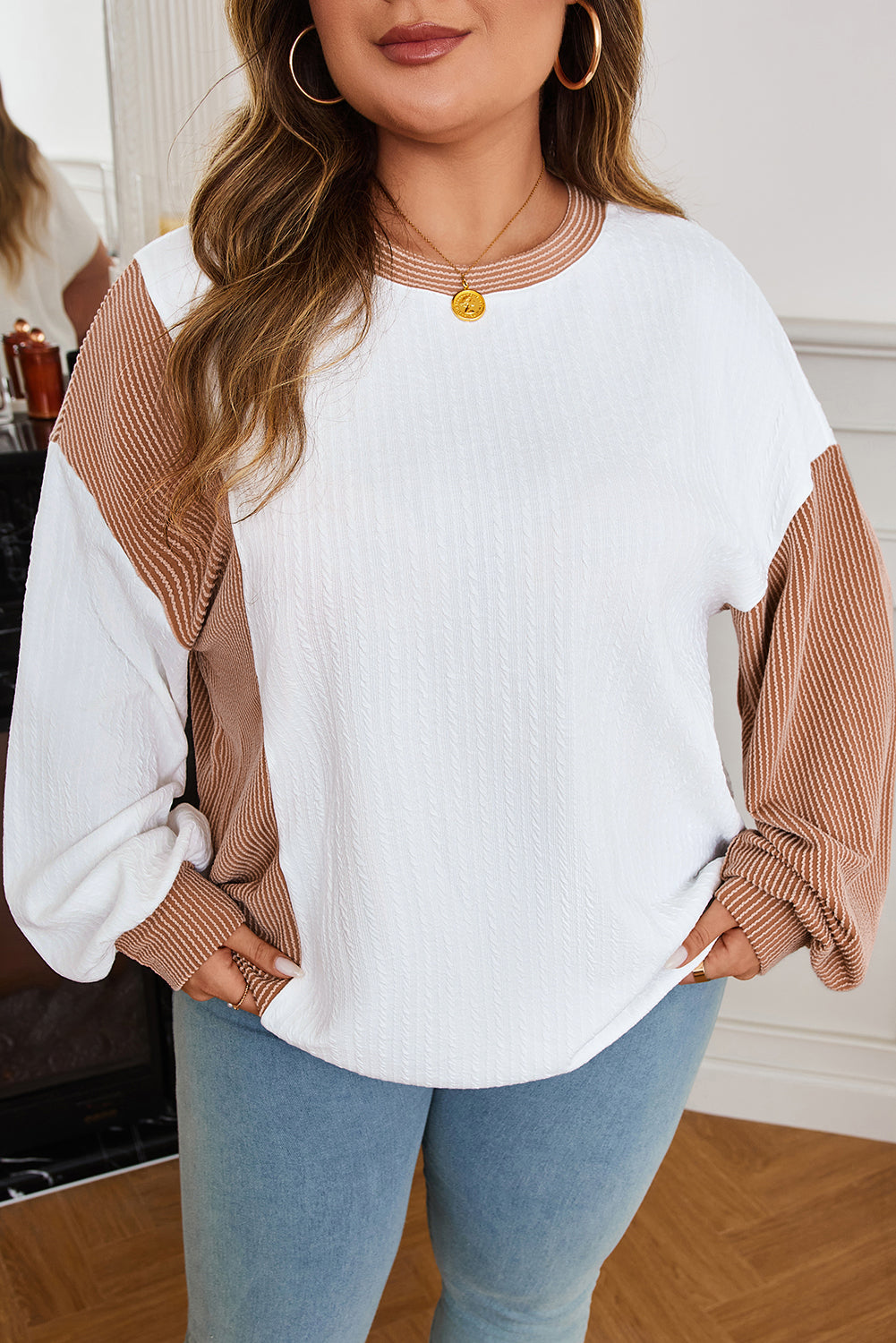 White Cable Texture Ribbed Color Block Plus Size Knit Top-Plus Size/Plus Size Tops/Plus Size Long Sleeve Tops-[Adult]-[Female]-2022 Online Blue Zone Planet