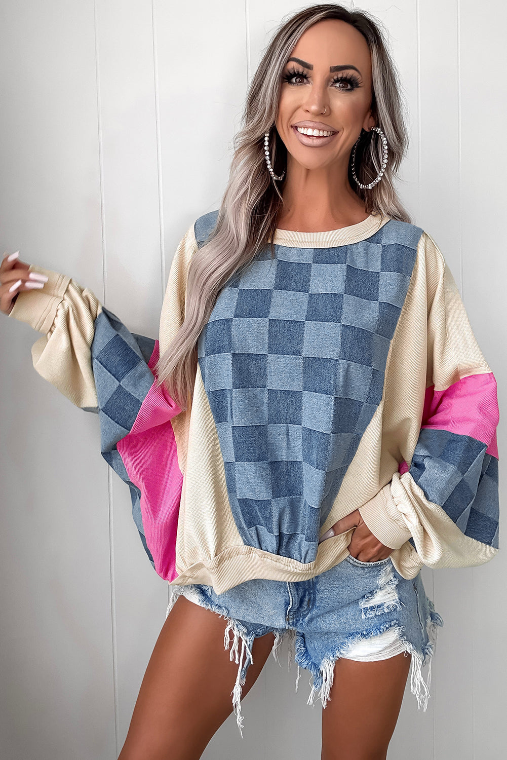 Sky Blue Oversized Checkered Denim Exposed Seam Patchwork Casual Sweatshirt-Tops/Sweatshirts & Hoodies-[Adult]-[Female]-2022 Online Blue Zone Planet