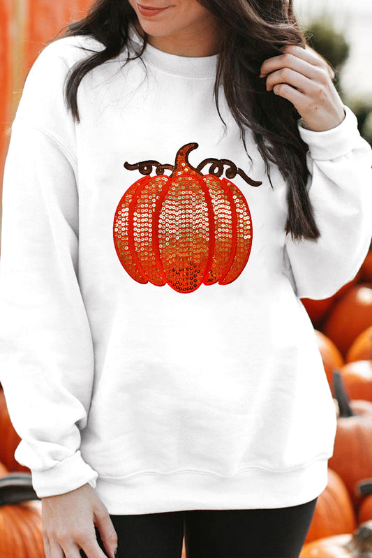 White Sequin Pumpkin Patched Casual Pullover Graphic Sweatshirt-Graphic/Graphic Sweatshirts-[Adult]-[Female]-White-S-2022 Online Blue Zone Planet