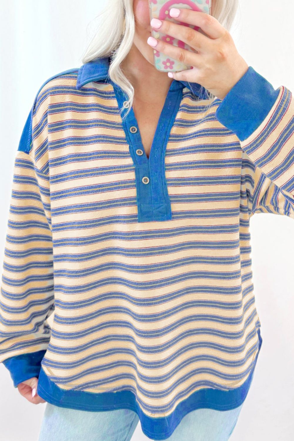 Striped Johnny Collar Long Sleeve Sweatshirt-TOPS / DRESSES-[Adult]-[Female]-2022 Online Blue Zone Planet