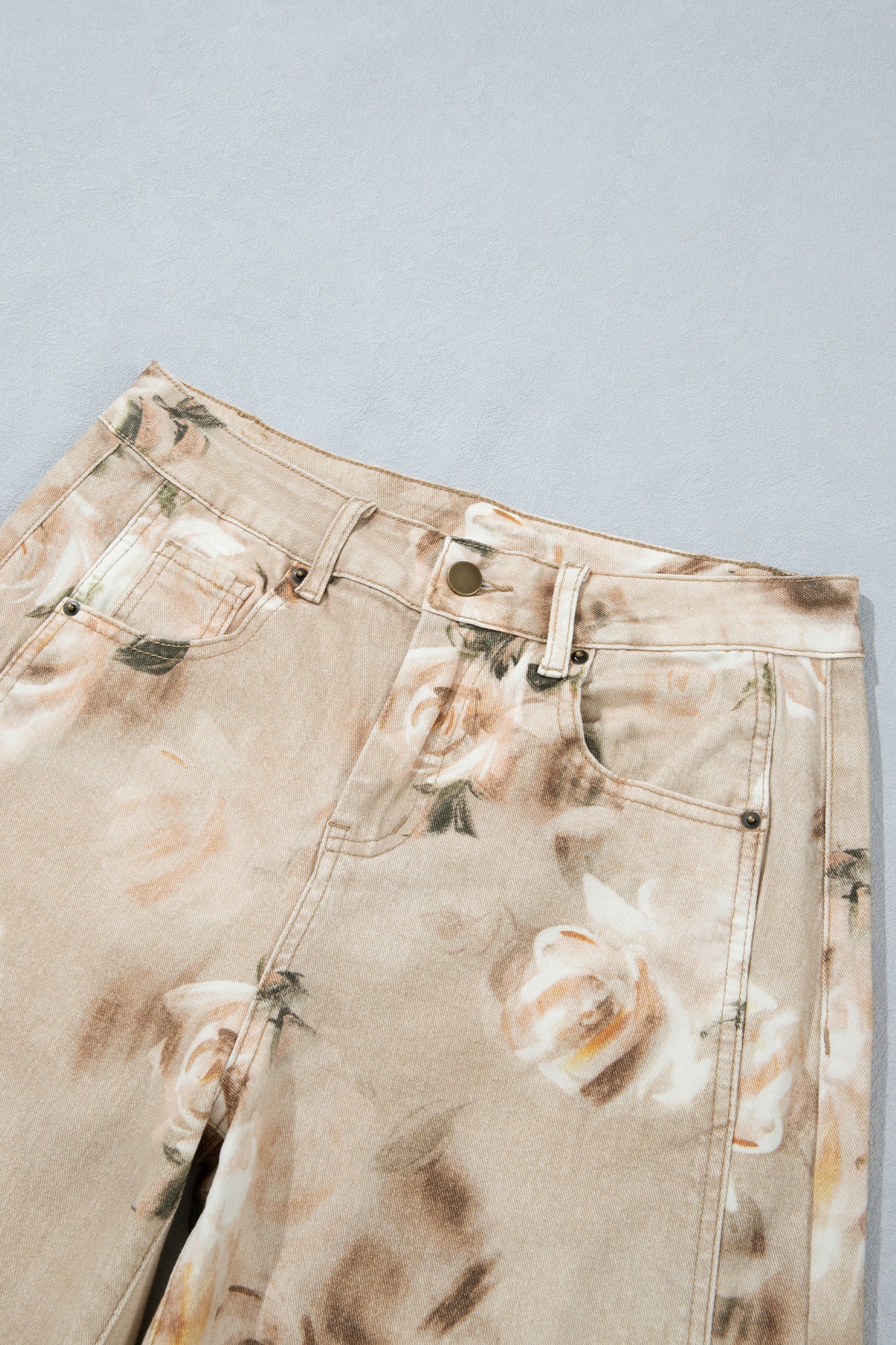 Khaki Retro Floral Print Relaxed Barrel Jeans-Bottoms/Jeans-[Adult]-[Female]-2022 Online Blue Zone Planet