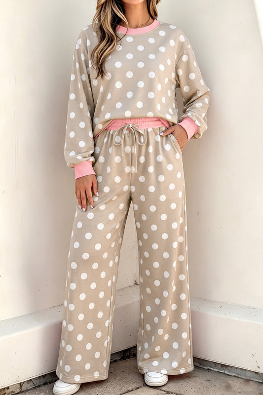 Khaki Polka Dot Contrast Trim Long Sleeve Top Drawstring Shift Pants Set-Two Piece Sets/Pant Sets-[Adult]-[Female]-Khaki-S-2022 Online Blue Zone Planet