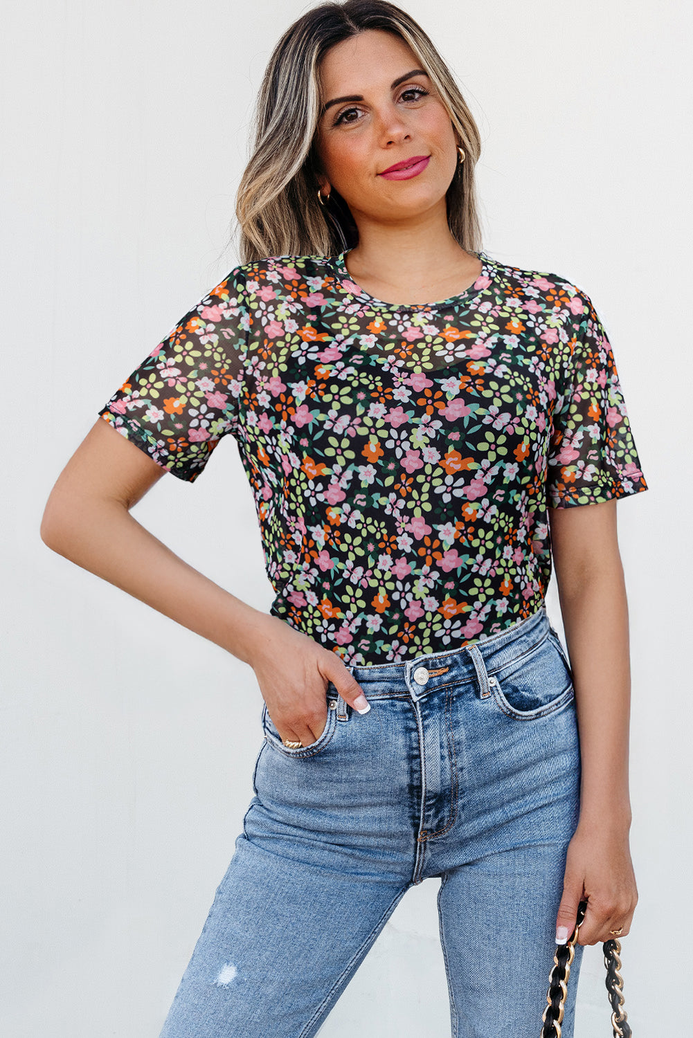 Black Sheer Floral Mesh Round Neck T Shirt-Tops/Tops & Tees-[Adult]-[Female]-2022 Online Blue Zone Planet