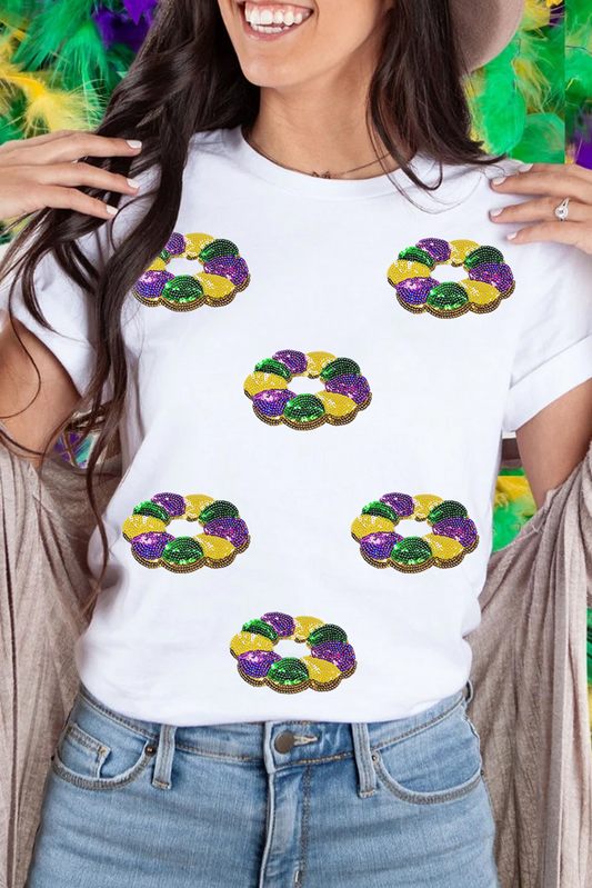 Black Sequined Mardi Gras Pattern Crew Neck Short Sleeve Top-Graphic/Graphic Tees-[Adult]-[Female]-White-S-2022 Online Blue Zone Planet