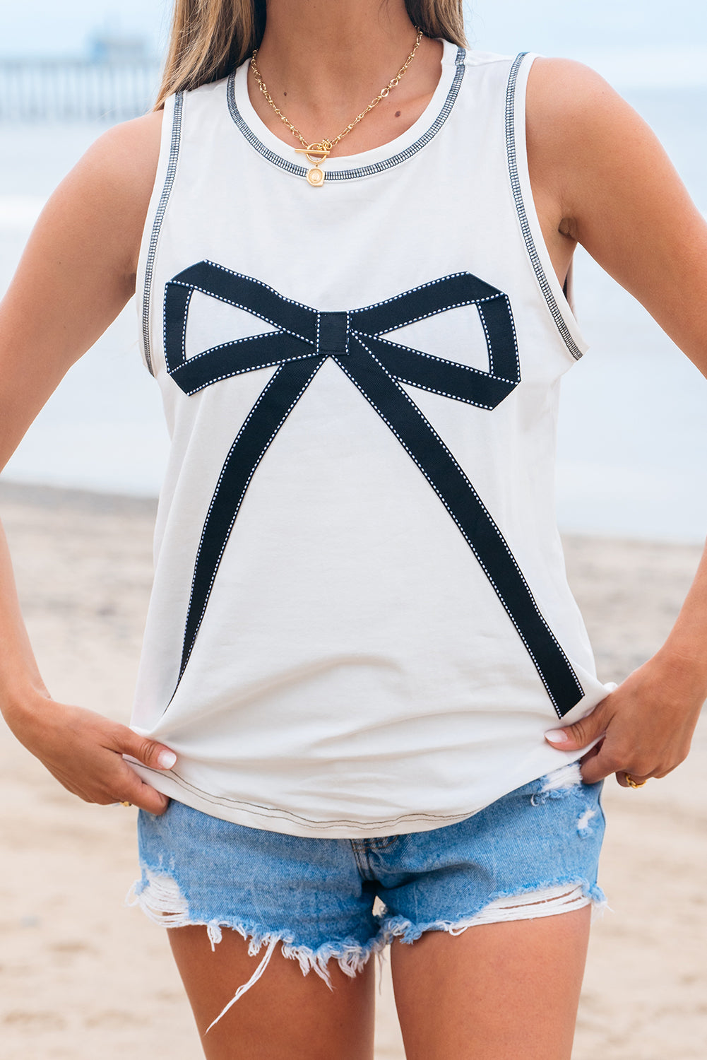 White Sweet Bow Stitching Trim Sleeveless Top-Tops/Tank Tops-[Adult]-[Female]-2022 Online Blue Zone Planet