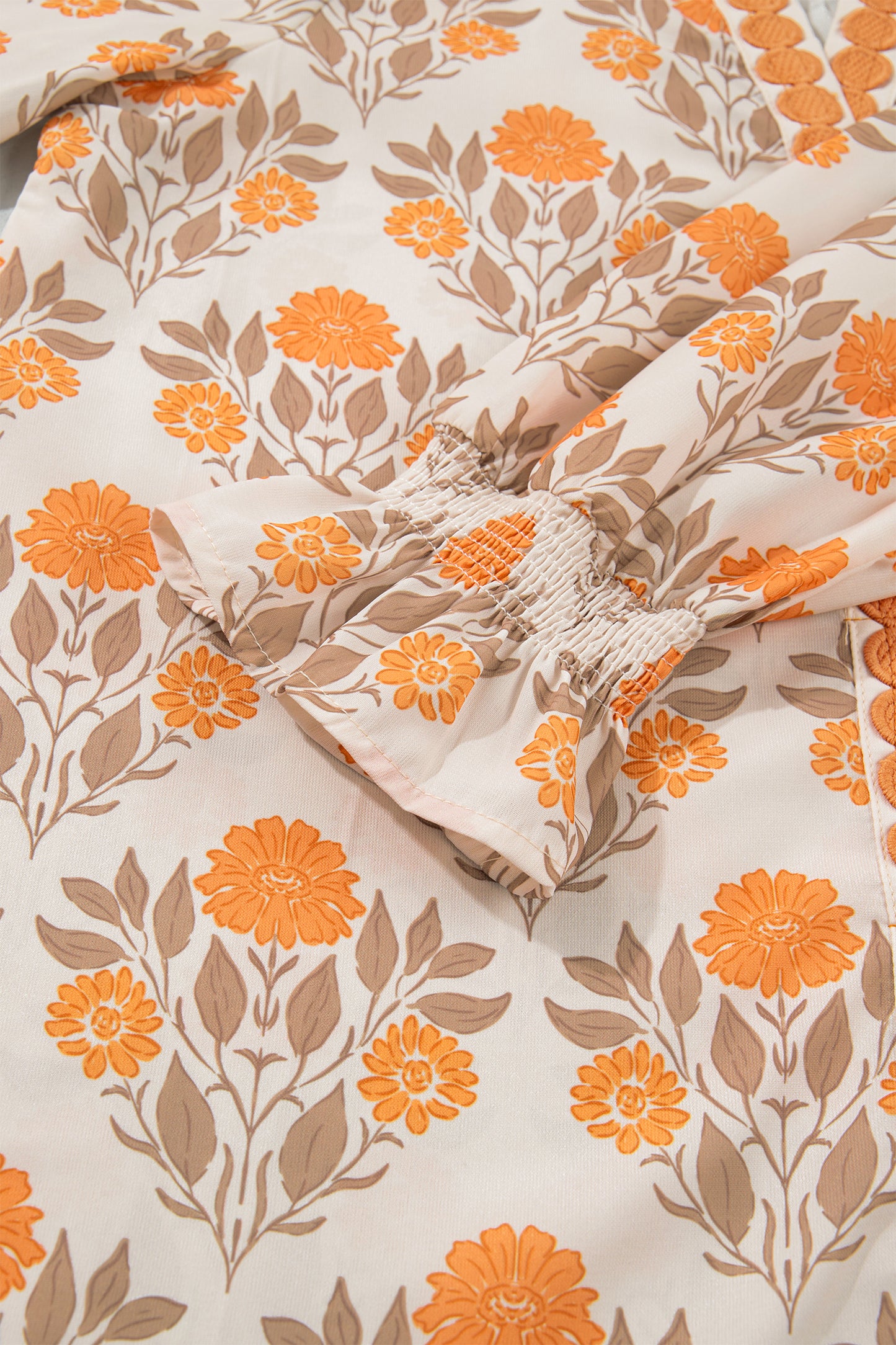 Orange Floral Print Contrast Detail V Neck Long Sleeve Blouse-Tops/Blouses & Shirts-[Adult]-[Female]-2022 Online Blue Zone Planet