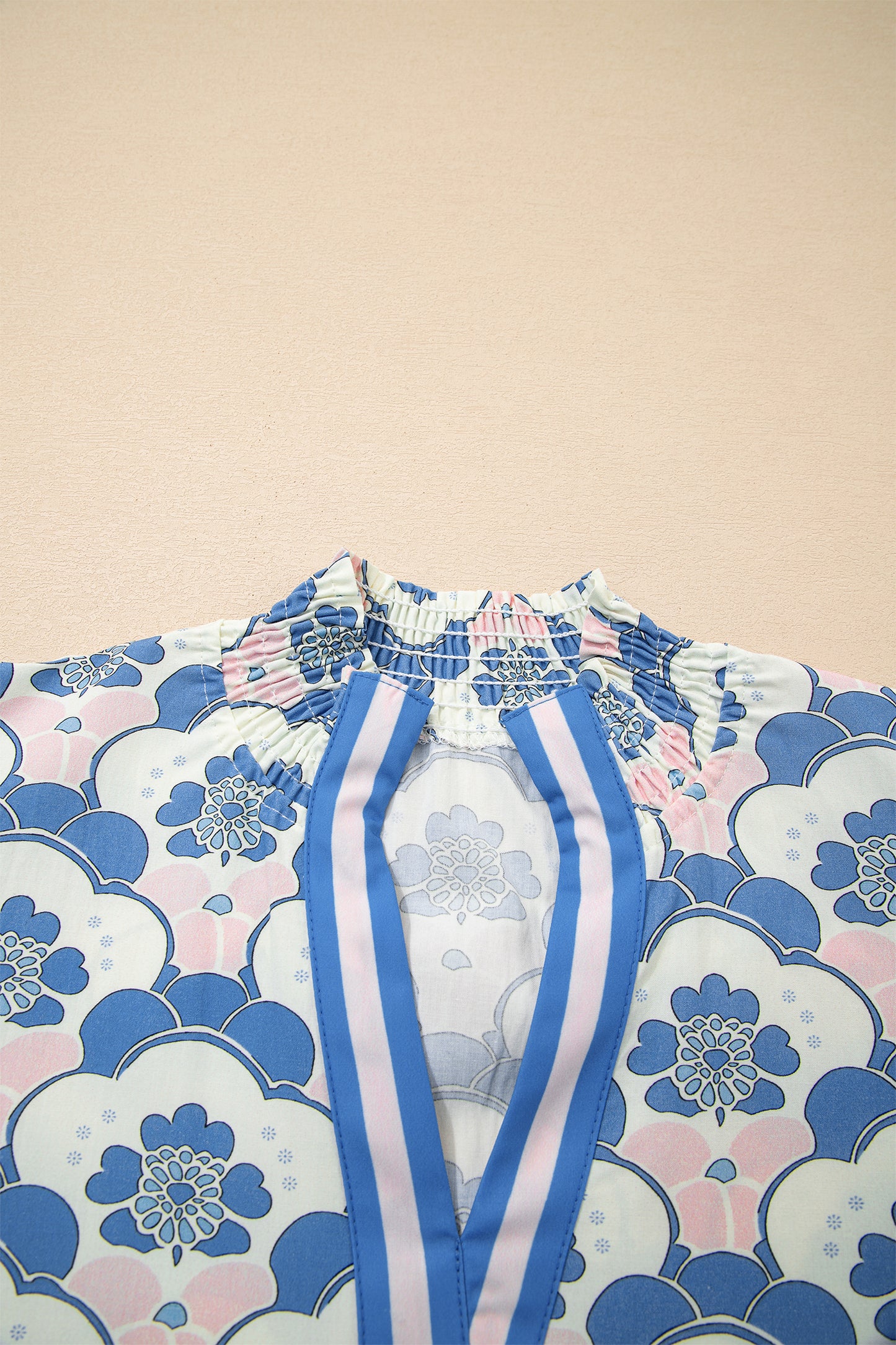 Sky Blue Floral Print Flounced Short Sleeve Contrast Trim V Neck Blouse-Tops/Blouses & Shirts-[Adult]-[Female]-2022 Online Blue Zone Planet