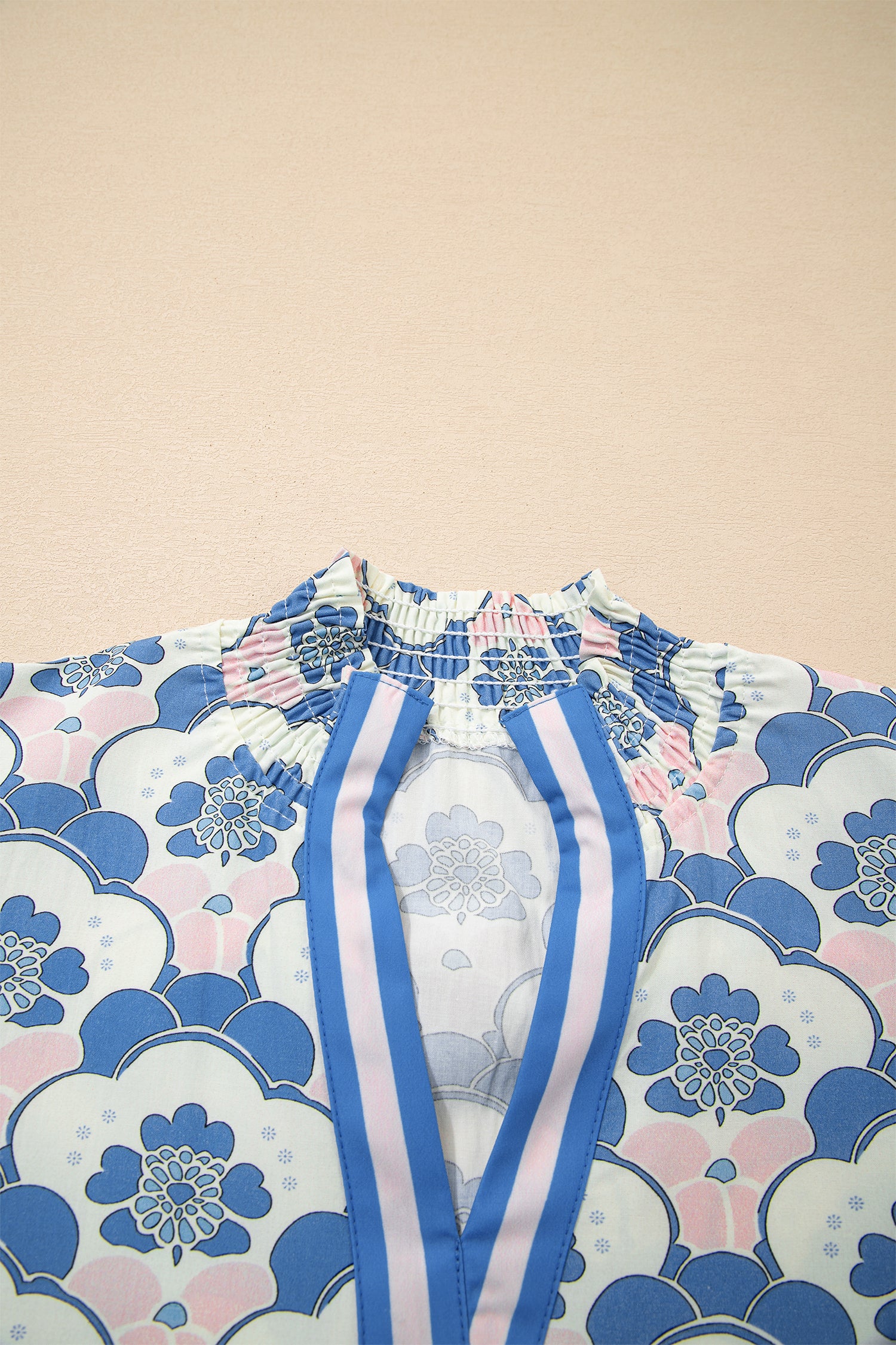 Sky Blue Floral Print Flounced Short Sleeve Contrast Trim V Neck Blouse-Tops/Blouses & Shirts-[Adult]-[Female]-2022 Online Blue Zone Planet