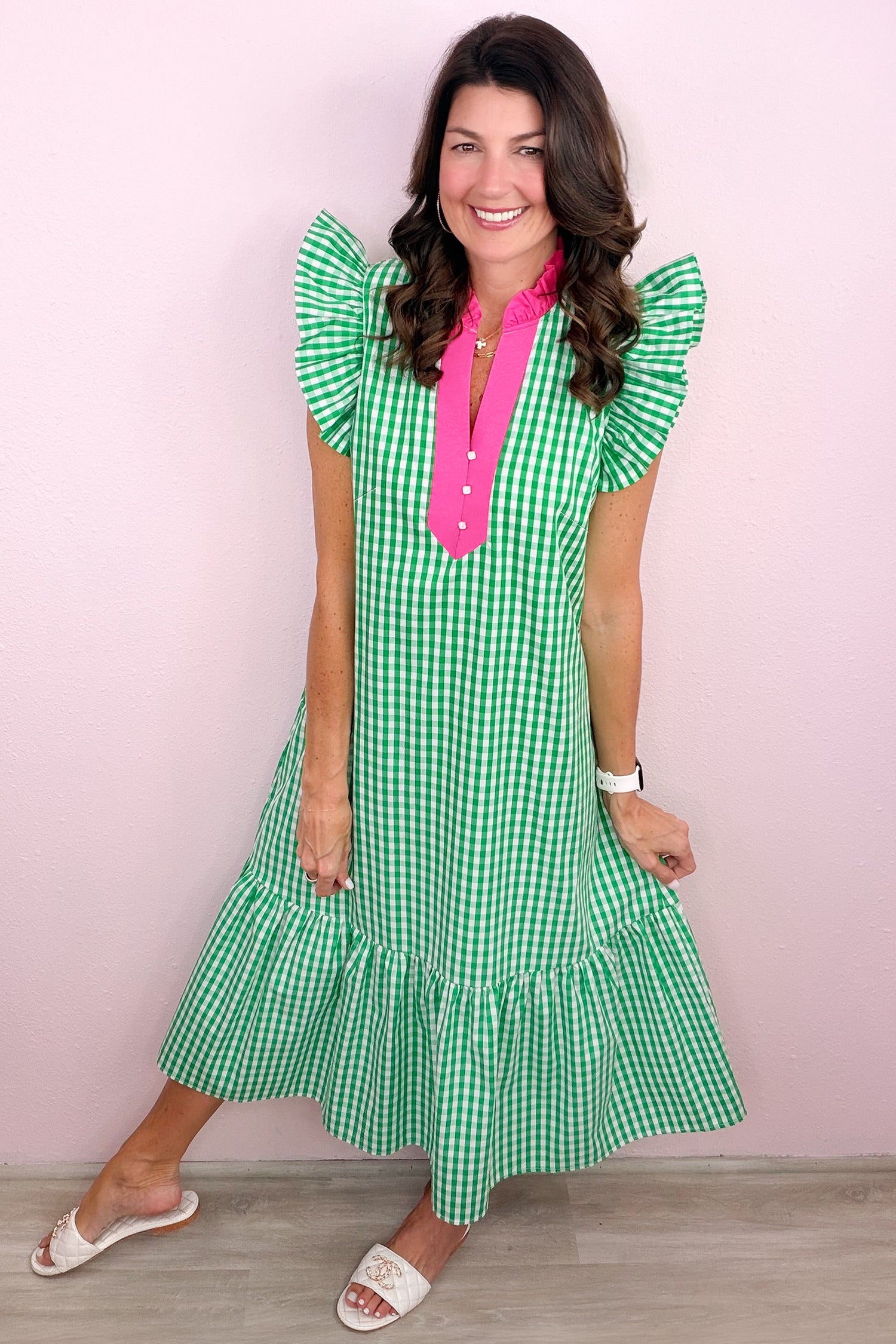 Bright Green Summer Color-Blocked Plaid Pattern Midi Dress-Dresses/Midi Dresses-[Adult]-[Female]-2022 Online Blue Zone Planet
