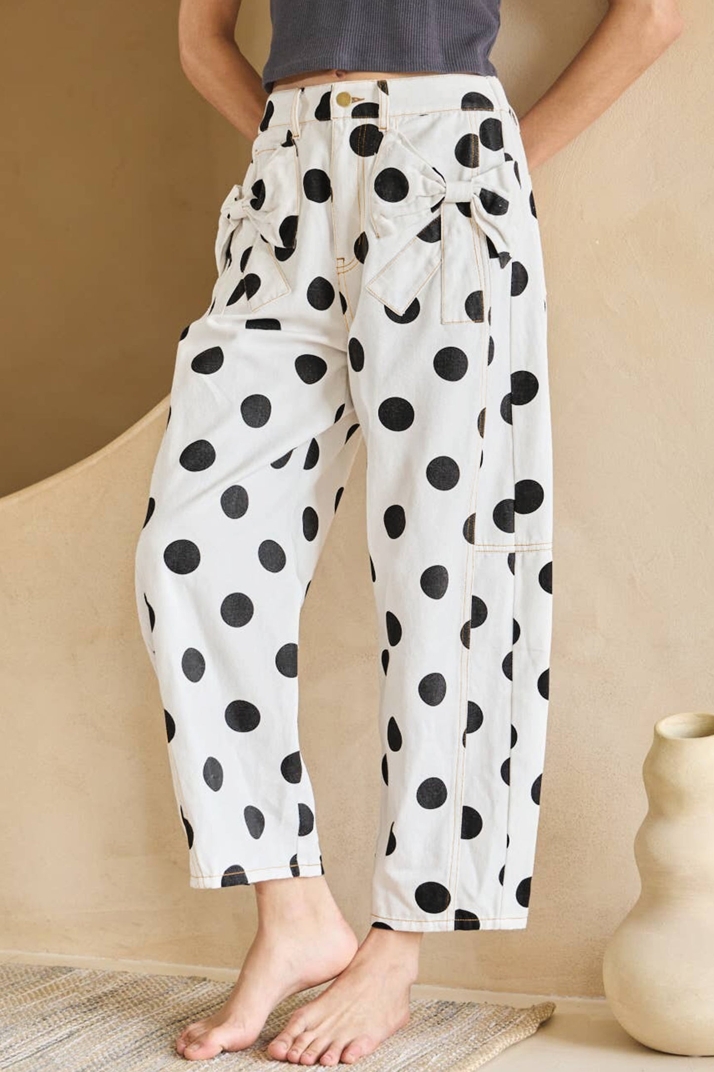 White Polka Dot Print Bow Detail Pocketed Jeans-Bottoms/Jeans-[Adult]-[Female]-White-4-2022 Online Blue Zone Planet