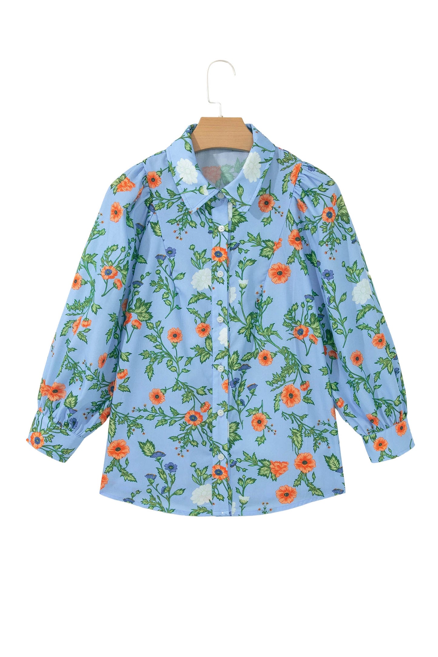 Sky Blue Floral Print Bracelet Sleeve Button Down Casual Shirt-Bracelet-[Adult]-[Female]-2022 Online Blue Zone Planet
