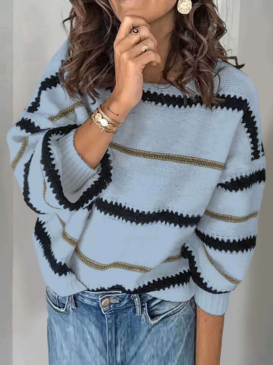 Contrast Striped Round Neck Long Sleeve Sweater-TOPS / DRESSES-[Adult]-[Female]-2022 Online Blue Zone Planet