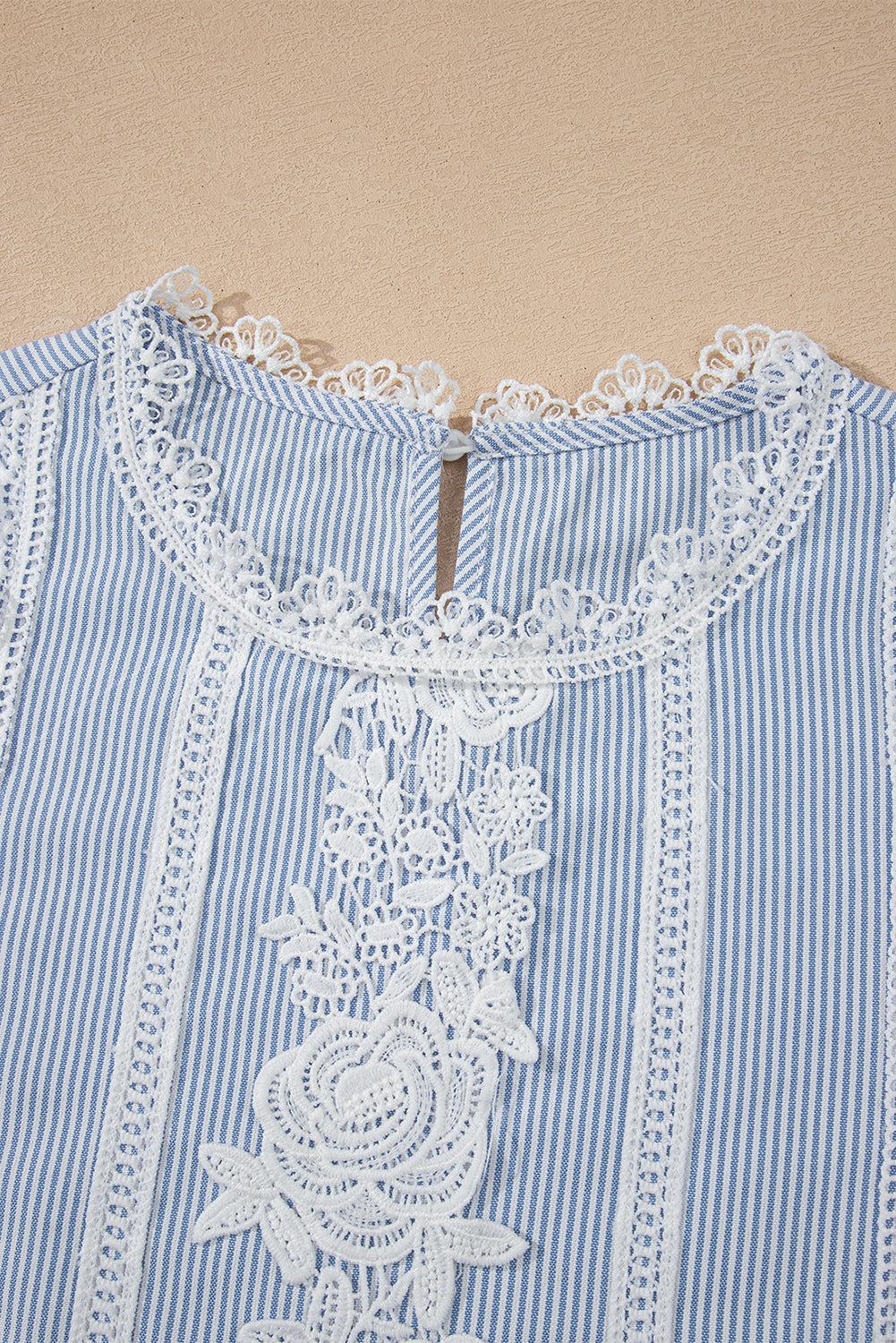 Sky Blue Stripe Floral Lace Splicing Puff Sleeve Blouse-Tops/Blouses & Shirts-[Adult]-[Female]-2022 Online Blue Zone Planet