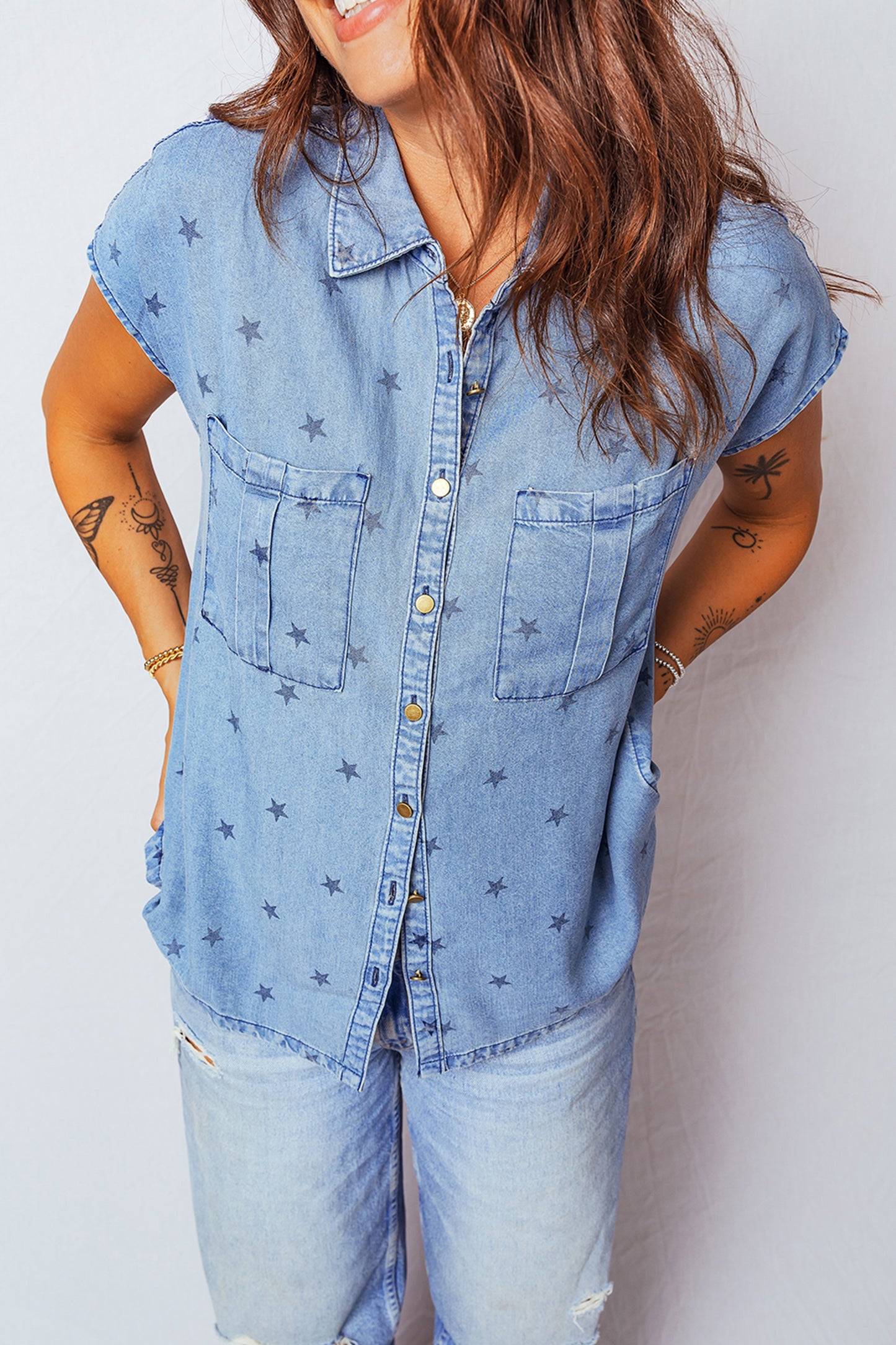 Beau Blue Star Allover Print Double Chest Pocket Short Sleeve Denim Shirt-Tops/Blouses & Shirts-[Adult]-[Female]-2022 Online Blue Zone Planet