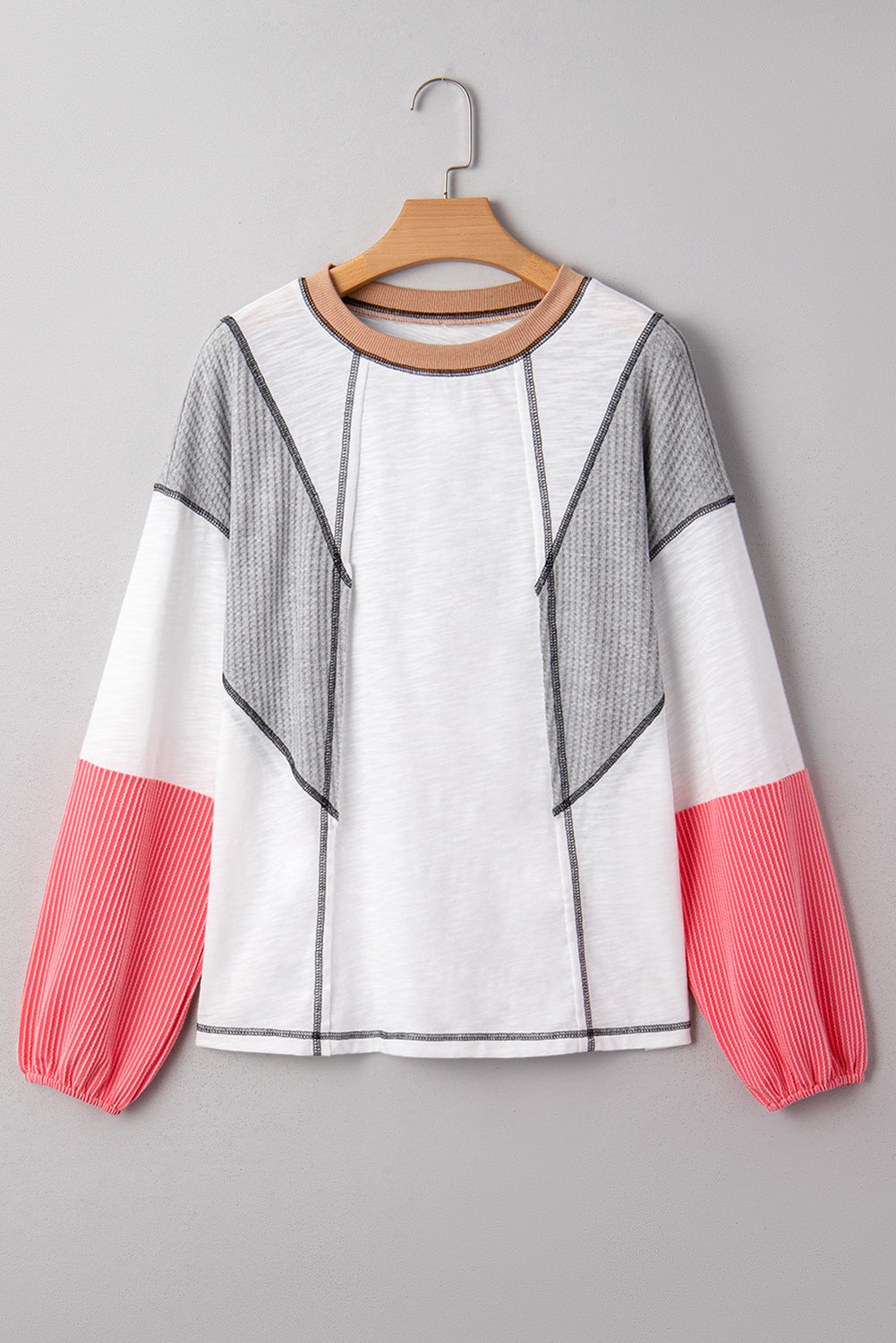 White Contrast Block Mixed Textured Knit Patchwork Casual Top-Tops/Long Sleeve Tops-[Adult]-[Female]-2022 Online Blue Zone Planet