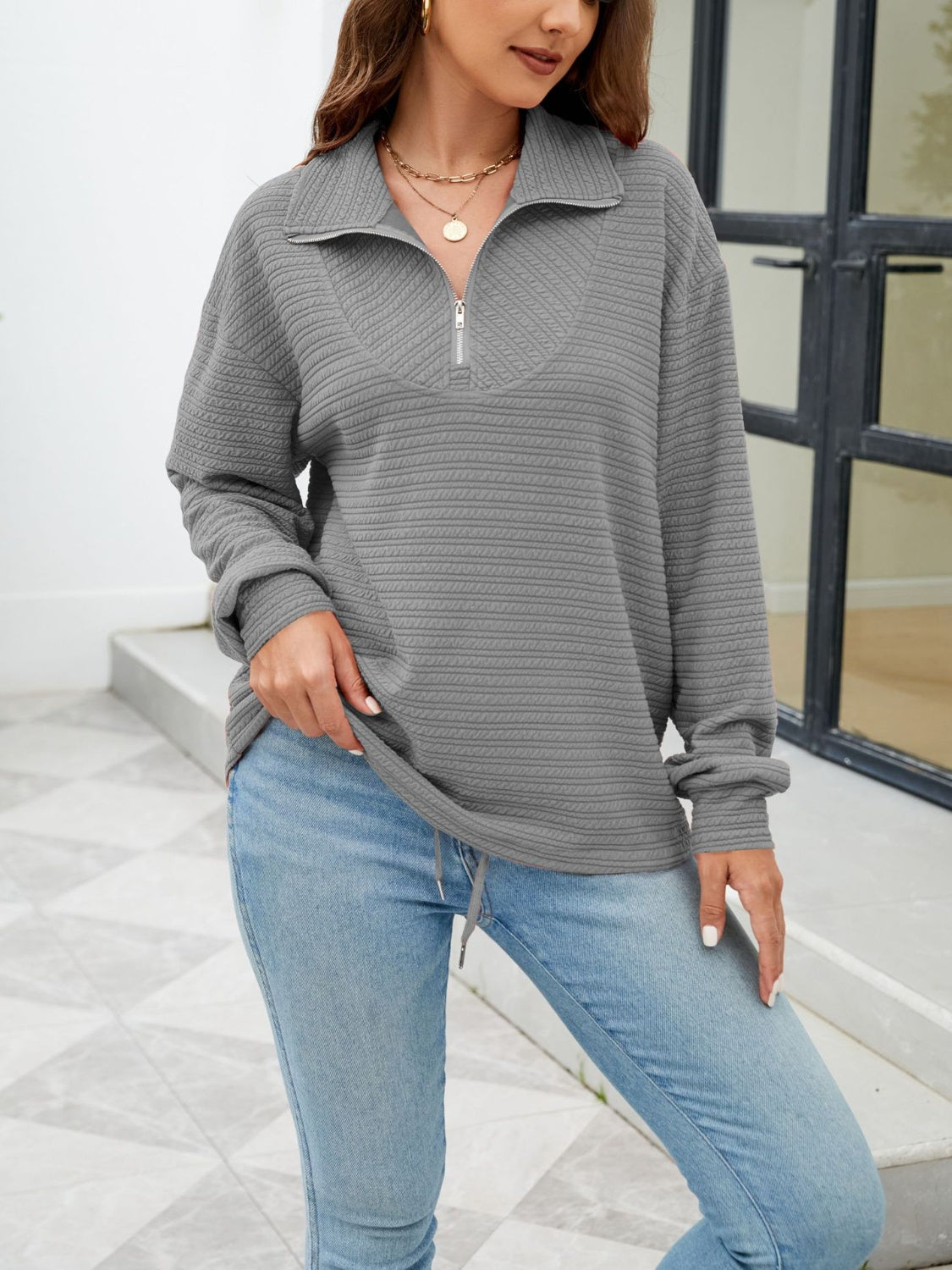 Textured Quarter Zip Long Sleeve Sweatshirt-[Adult]-[Female]-2022 Online Blue Zone Planet