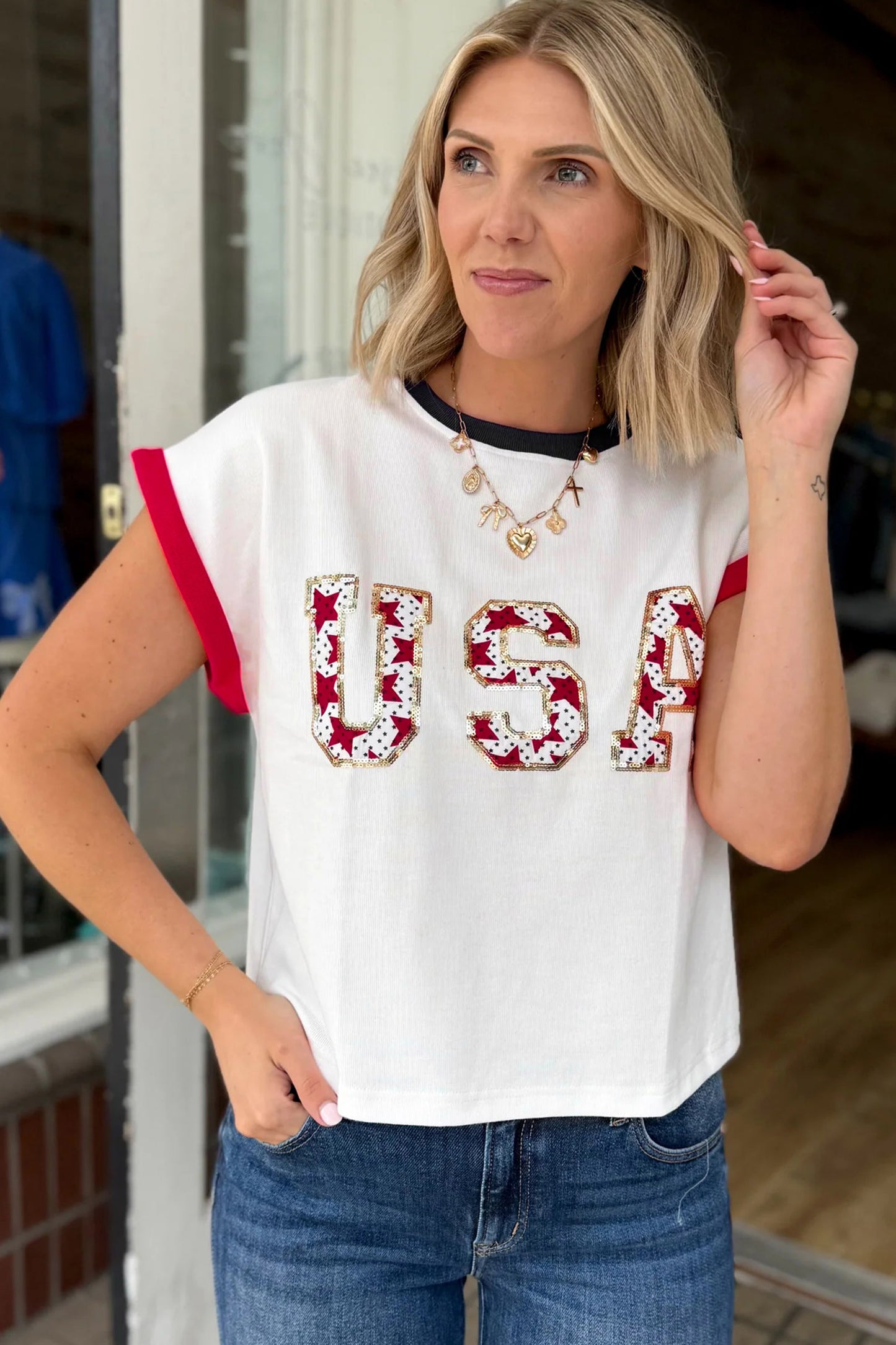 White Usa Sequin Color Block Trim Loose T Shirt-Tops/Tops & Tees-[Adult]-[Female]-2022 Online Blue Zone Planet