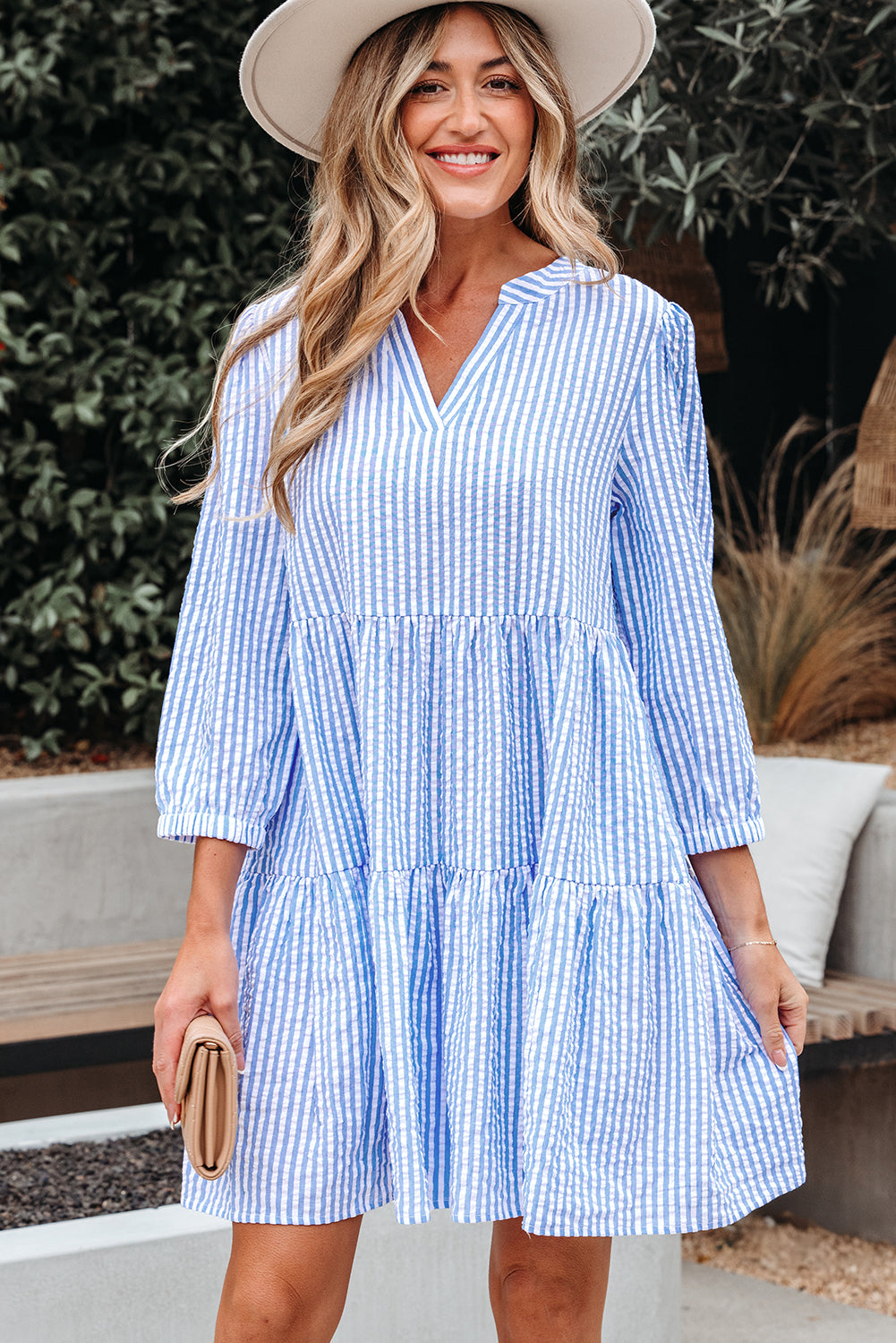 Sky Blue Stripe Bracelet Sleeve Tiered Shift Dress with Pockets-TOPS / DRESSES-[Adult]-[Female]-2022 Online Blue Zone Planet