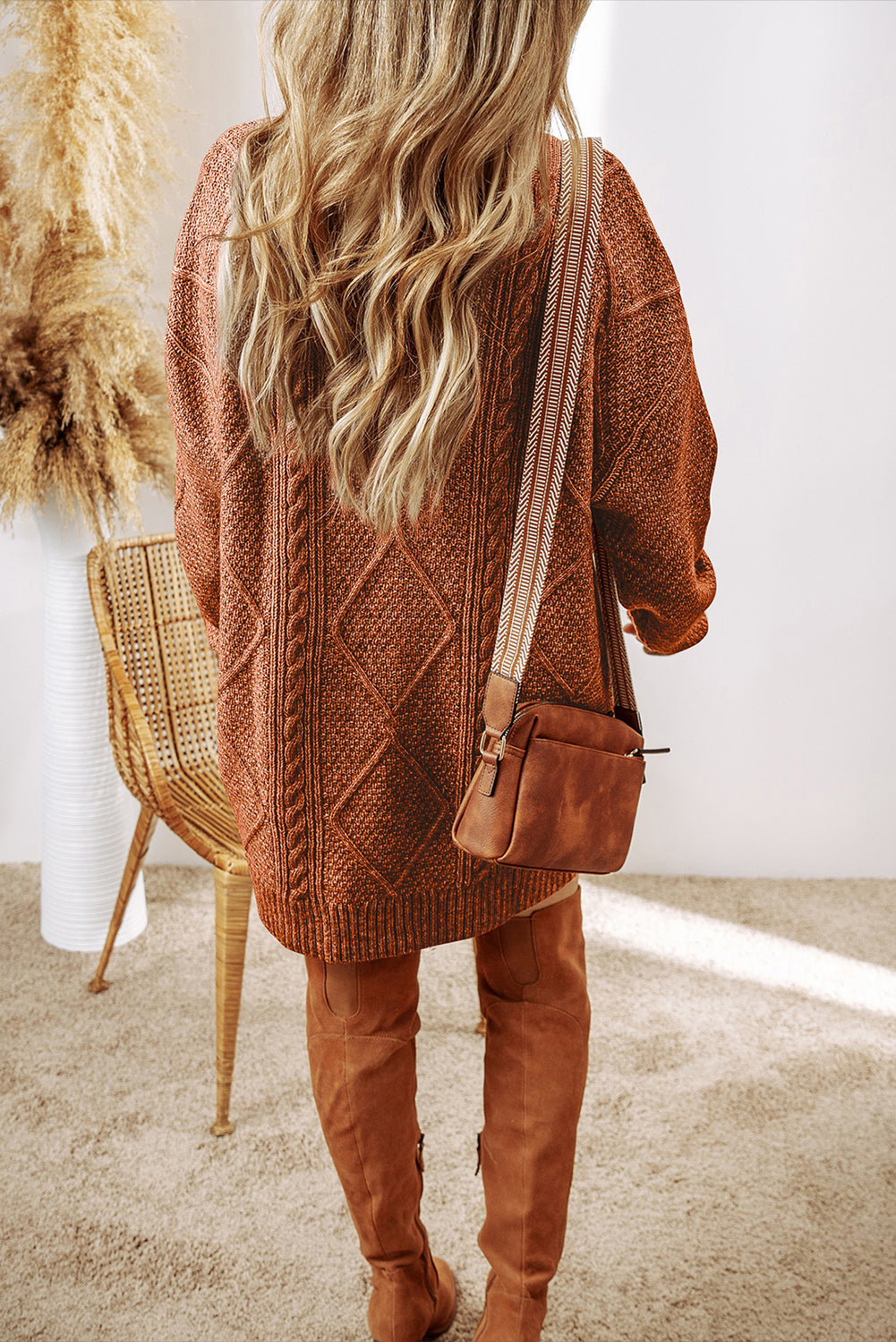 Coffee Cable Knit Drop Shoulder Loose Fit Sweater Dress Coffee / M / 100%Polyester Coffee Cable Knit Drop Shoulder Loose Fit Sweater Dress Coffee / M / 100%Polyester