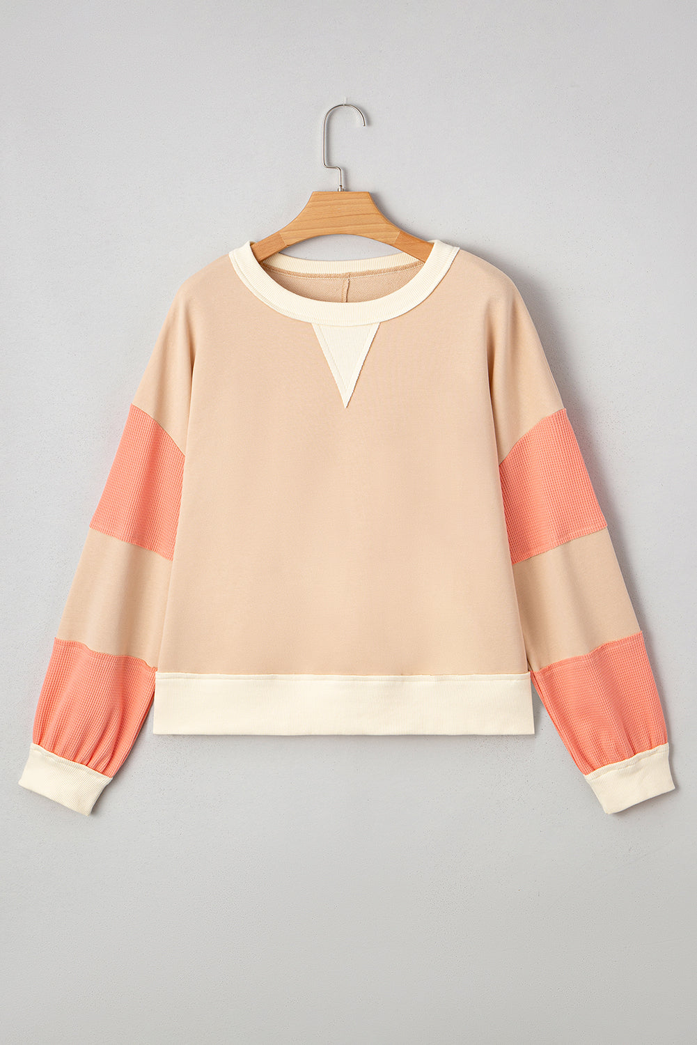 Light French Beige Color Block Textured Patchwork Pullover Sweatshirt-Tops/Sweatshirts & Hoodies-[Adult]-[Female]-2022 Online Blue Zone Planet