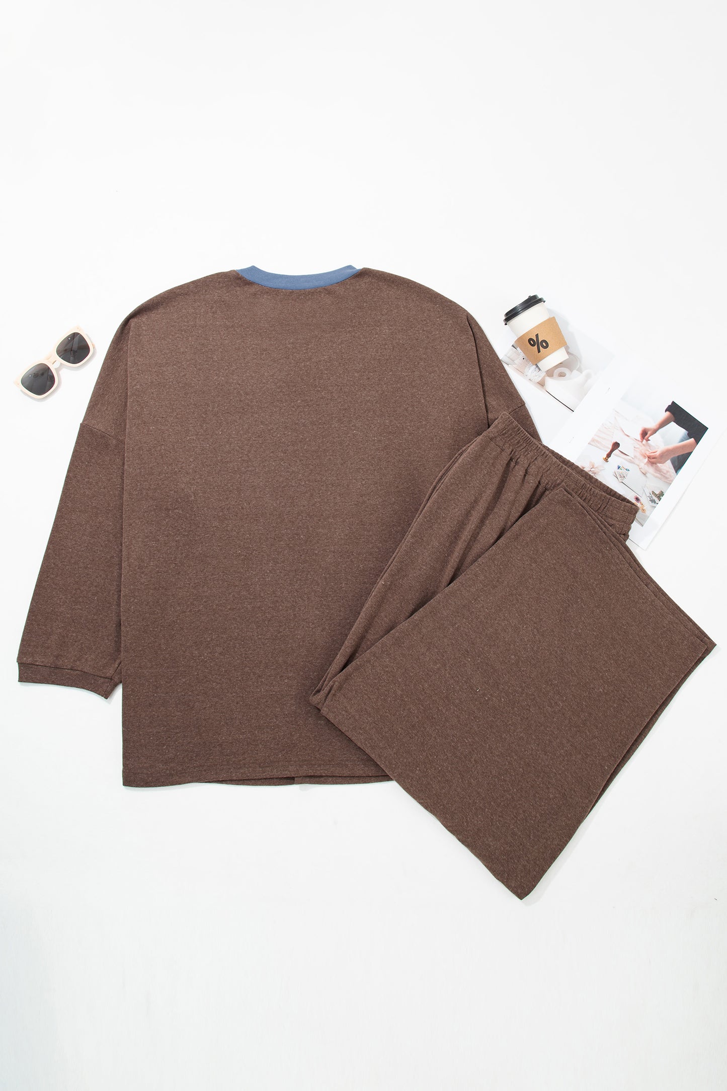 Dark Brown Long Sleeve Round Neck Patchwork Colorblock Plus Size Set-Plus Size/Plus Size Loungewear-[Adult]-[Female]-2022 Online Blue Zone Planet