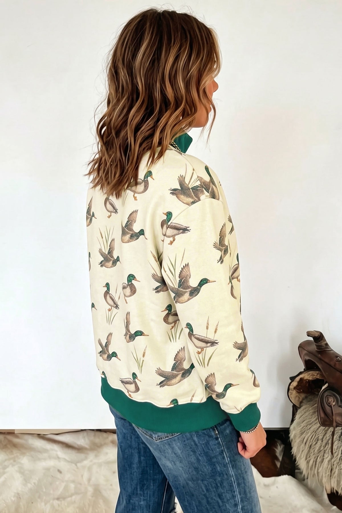 Multicolour Mallard Print Patchwork Colorblock High Neck Sweatshirt-Tops/Sweatshirts & Hoodies-[Adult]-[Female]-2022 Online Blue Zone Planet